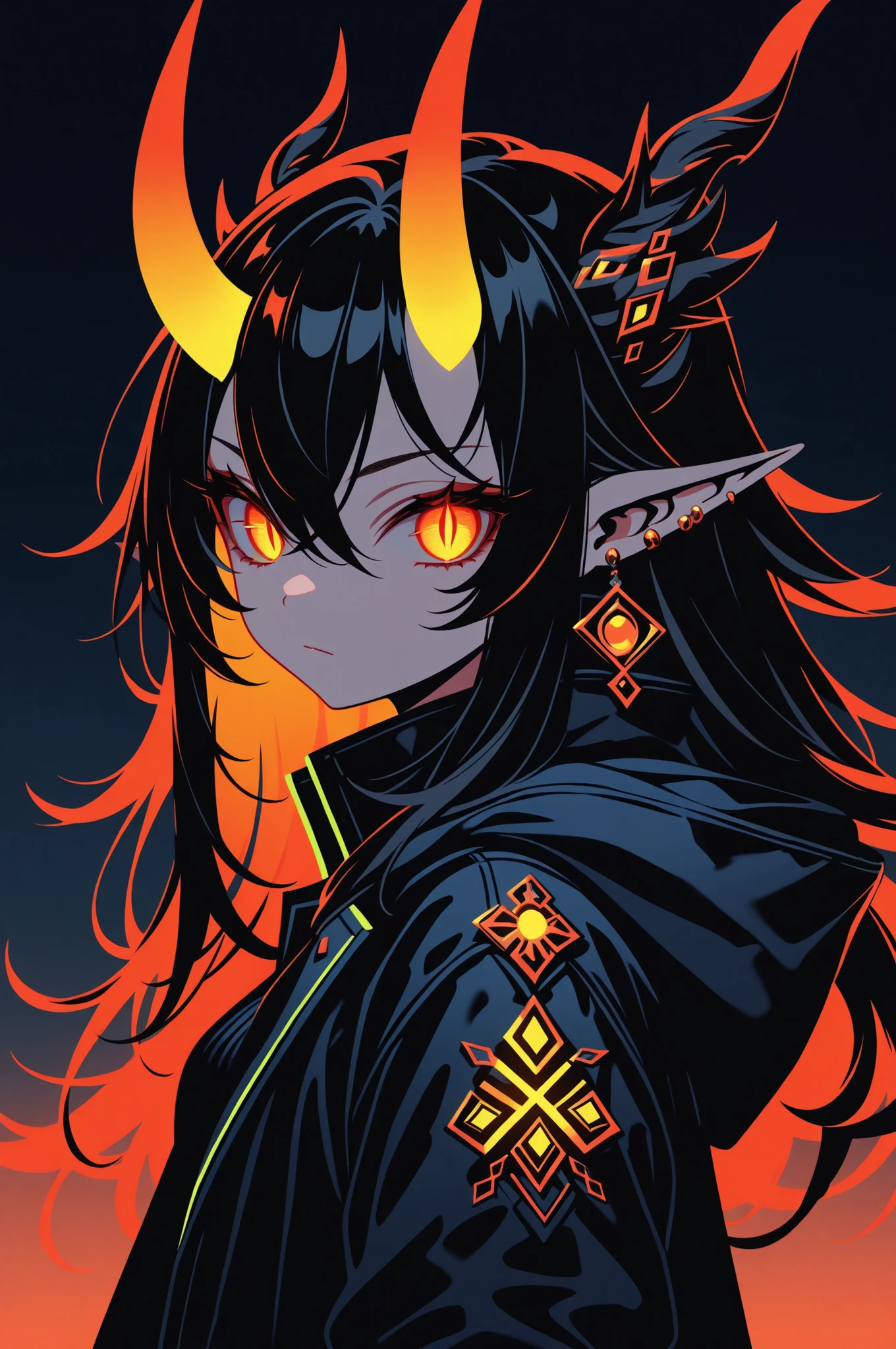 1girl, solo, dark fantasy, high contrast lighting, digital vector illustration,long hair, looking at viewer, bangs, black hair, hair between eyes, neon jewelry, closed mouth, jacket, upper body, multicolored hair, horns, pointy ears, from side, orange eyes, glowing, piercing, slit pupils, glowing eyes, masterpiece, absurdres