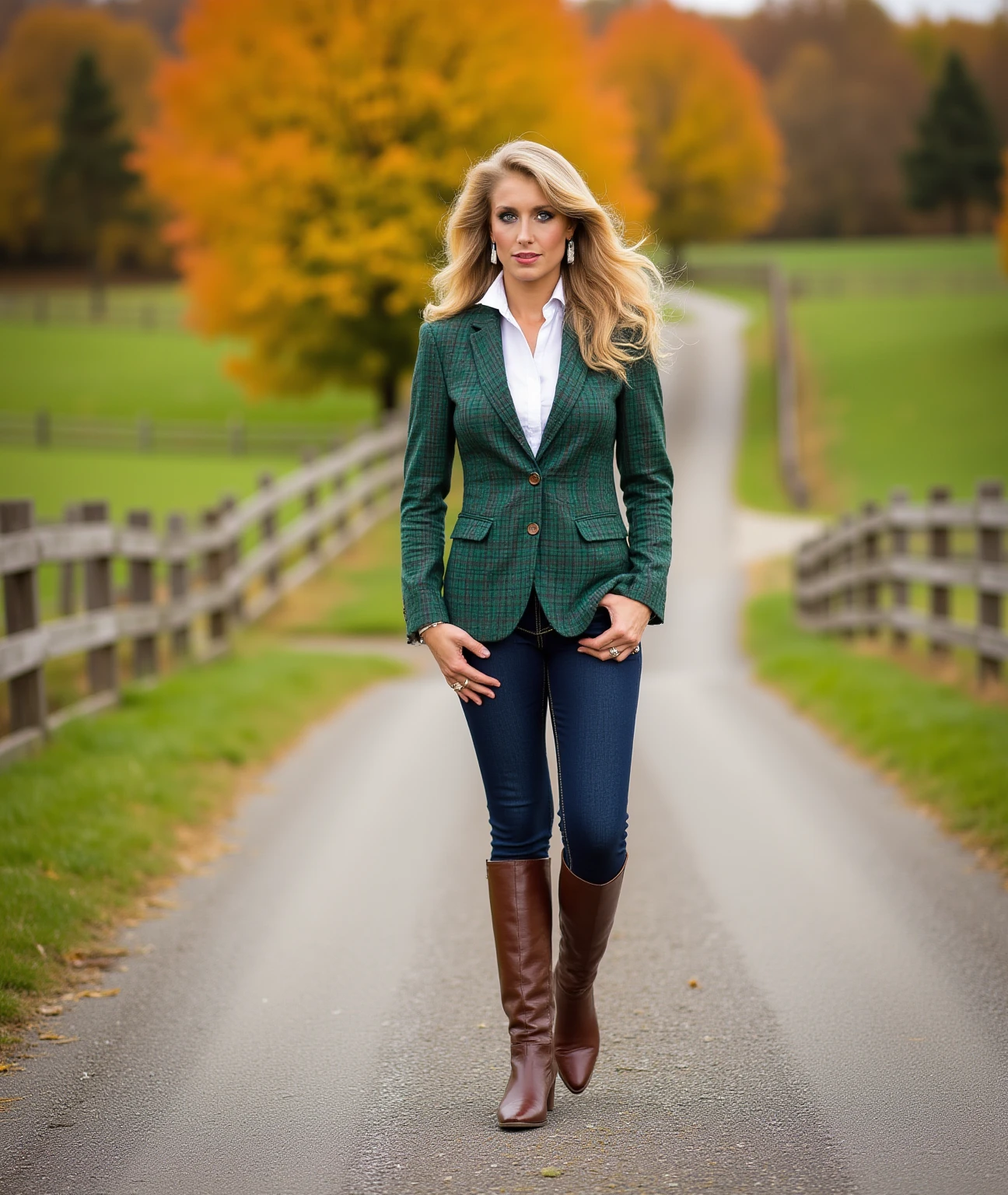 An elegant woman sure of herself standing on a country path during the ...