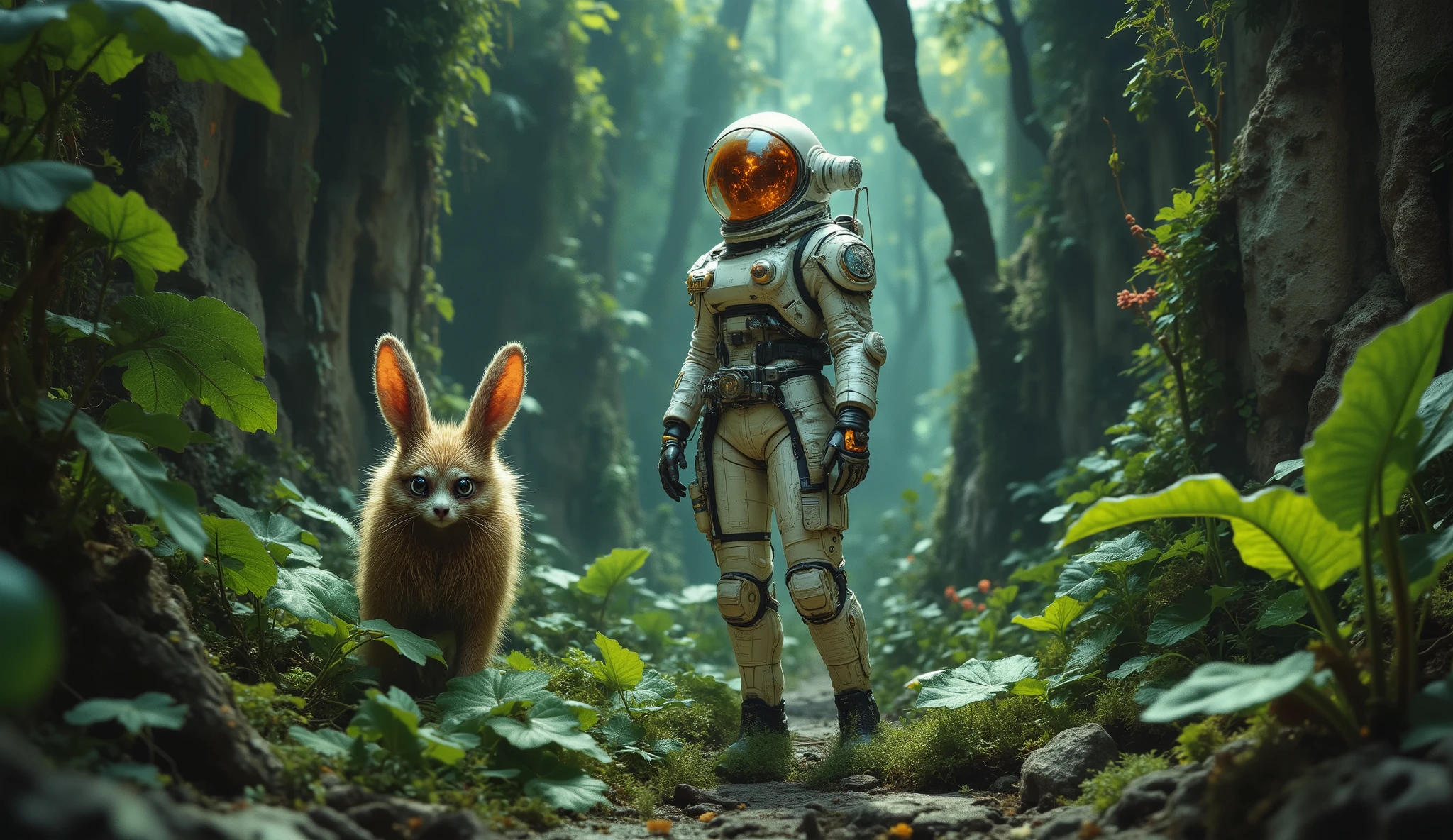 Full body female astronaut standing in a lush green nova terra jungle, her retro-futuristic suit contrasting with the vibrant vegetation, vines glowing softly, giant leaves shimmering with bioluminescence, beside her a ((mutated cute anima))l ((big creature with large crystalline ears and fractal tail)), atmosphere magical and surreal, cinematic illustration, detailed retro sci-fi art. 128k