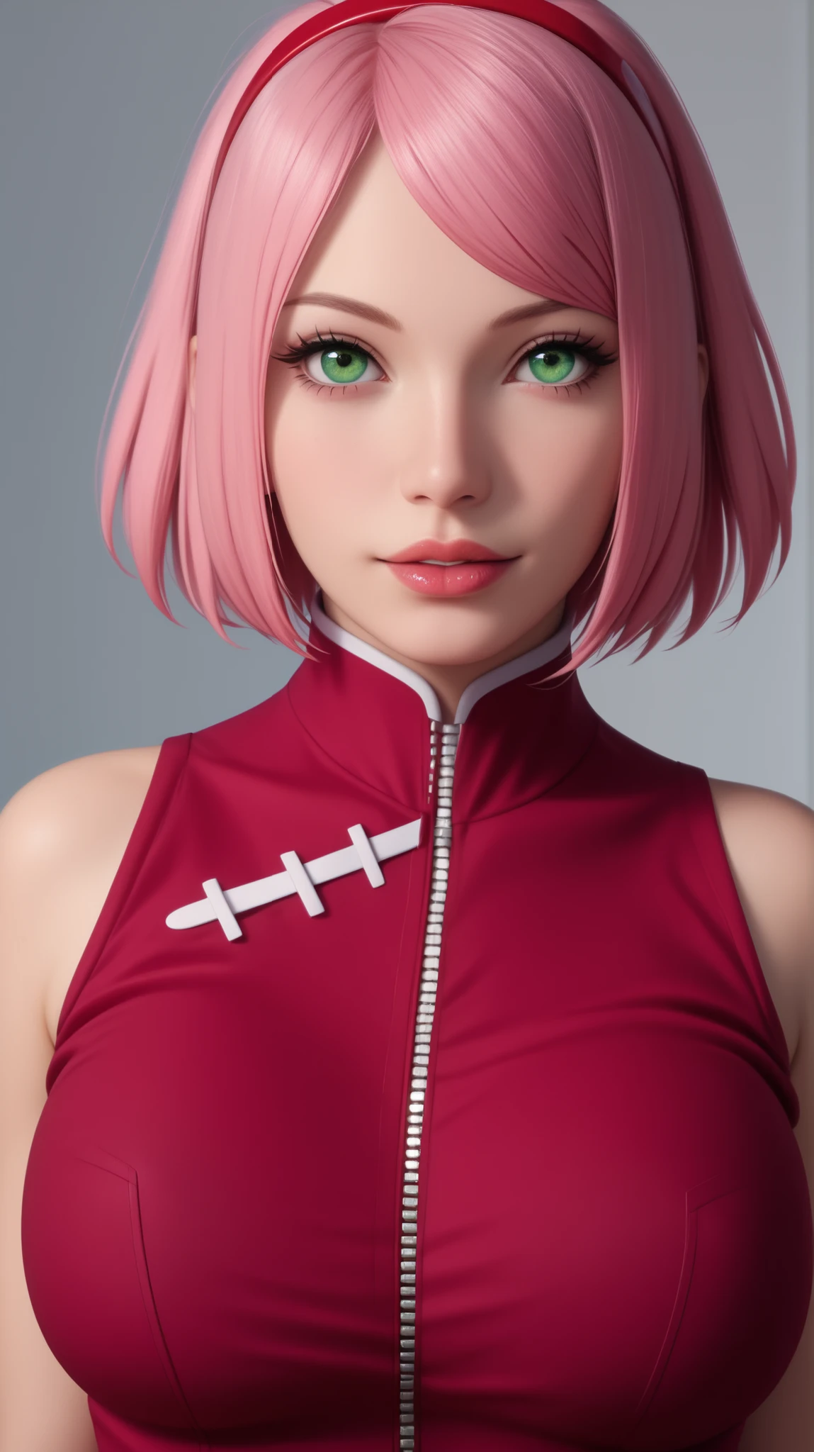 a photo Hyper-Realistic Ultra HD, The image showcases an incredibly realistic 4K photorealistic resolution, highlighting her captivating presence and a mesmerizing physique. leaving you entranced by the seamless fusion of artistry and supreme realism. looking straight into the frame, looking at viewer,sharp focus; frame, sharp focus ;eerily realistic, visual realism (Every imperfection and detail of her skin is captured -+ details Ultra hd. a professional movie photograph of, best quality, high quality, facing forward,  Beautiful little red lips, 
Define each part of her body imperfections.
The image showcases an incredibly realistic 4K photorealistic resolution, highlighting (makeup, mascara:1.1), lips,(thick\lips\), (shiny glossy translucent clothing:1.1), 1 girl sakura haruno, short hair, (green eyes:0.8), pink hair, (parted bangs:1.5), hairband, forehead protector,shirt, (red shirt:1.5), short sleeves, vest, unzipped , huge breast, (upper body:1.2), Spinning with dress flared out, (busty:1.1) , (chubby:0.1),(beautifully lit:1.2), dark theme blank background