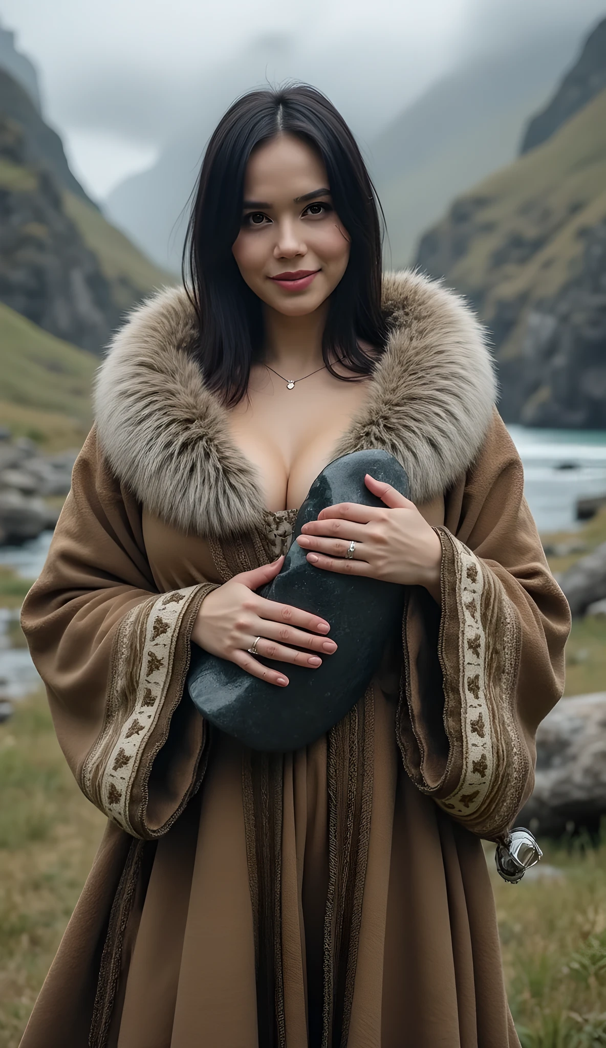 Stone age era, (prehistoric age era:1.6), ((Realistic cinematography cinematic close-up angle depth intense details of realistically stunning tundra landscape scenery)),(cinematic close-up),focusing on a beautiful happy russian female standing,cinematic potrait,holding and carrying a realistic big size Stone realistic crystallized obsidian shining stone,,(every features are depicted clearly),(realistically and intricately depicting scenery),((prehistoric age)),,(wearing primitive long size fur fabric cloak tunic dressing|fully wool woven kimono dress enveloping her whole body),long skirt,(perfectly depth symmetrically precisely busty full body shaped),(cinematic dynamically camera widely angle scenery:accurately depicted:1.3),the lively prehistoric cradle of historcal depicting scenery,afternoon,realistically full depth,summer season,(cinematography dynamic angle|hyperrealistic:realistic scenery:3d texture over the scenery),best videography angle,hdr,masterpiece,4K,(cinematography vibe),primordial folk fabric wardrobe,(dynamic image composition),(octane 3d rendering|50mm lens shot:1.3),(precise lifelike human depiction:realism),(best rule of third photography composition),(best image aperture),(full details depth of field),(best shutter speed),(RAW photo image),(photorealistic|photorealism:hyperrealism style),(realistic depth 3d:cgi:1.3),(trending on cgsociety:devianart:unreal engine 5),,(best photography:national Geographic style), bronzePunkAi and sandalPunkAi artwork, digital art,best lighting concept,(realistic intricately fixed fully accurate human's anatomy body+hands+and+fingers anatomical),natural motion,inspired by farcry5 game artwork, SFW,
