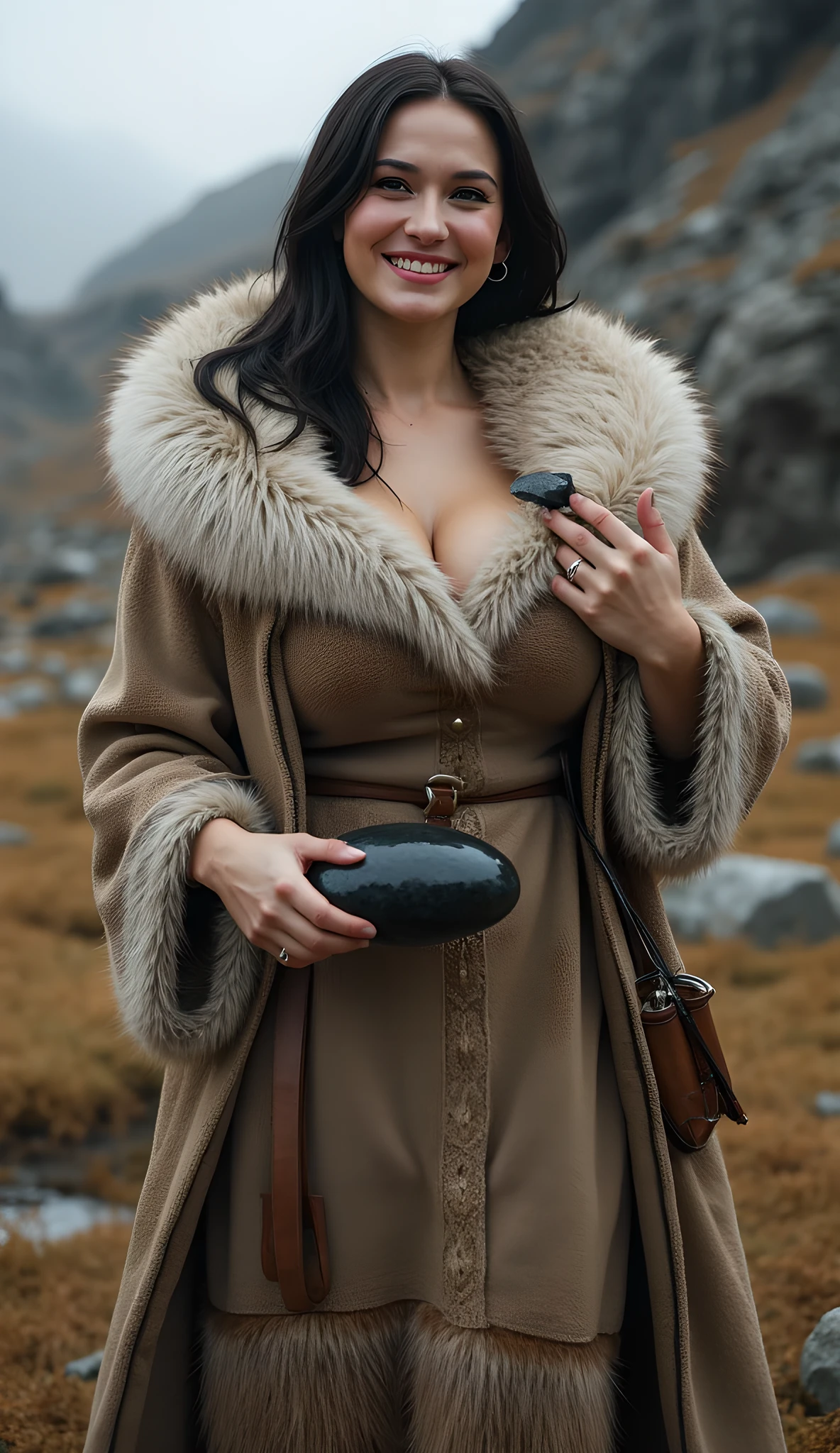 Stone age era, (prehistoric age era:1.6), ((Realistic cinematography cinematic close-up angle depth intense details of realistically stunning tundra landscape scenery)),(cinematic close-up),focusing on a beautiful happy russian female standing,cinematic potrait,holding and carrying a realistic big size Stone realistic crystallized obsidian shining stone,,(every features are depicted clearly),(realistically and intricately depicting scenery),((prehistoric age)),,(wearing primitive long size fur fabric cloak tunic dressing|fully wool woven kimono dress enveloping her whole body),long skirt,(perfectly depth symmetrically precisely busty full body shaped),(cinematic dynamically camera widely angle scenery:accurately depicted:1.3),the lively prehistoric cradle of historcal depicting scenery,afternoon,realistically full depth,summer season,(cinematography dynamic angle|hyperrealistic:realistic scenery:3d texture over the scenery),best videography angle,hdr,masterpiece,4K,(cinematography vibe),primordial folk fabric wardrobe,(dynamic image composition),(octane 3d rendering|50mm lens shot:1.3),(precise lifelike human depiction:realism),(best rule of third photography composition),(best image aperture),(full details depth of field),(best shutter speed),(RAW photo image),(photorealistic|photorealism:hyperrealism style),(realistic depth 3d:cgi:1.3),(trending on cgsociety:devianart:unreal engine 5),,(best photography:national Geographic style), bronzePunkAi and sandalPunkAi artwork, digital art,best lighting concept,(realistic intricately fixed fully accurate human's anatomy body+hands+and+fingers anatomical),natural motion,inspired by farcry5 game artwork, SFW,