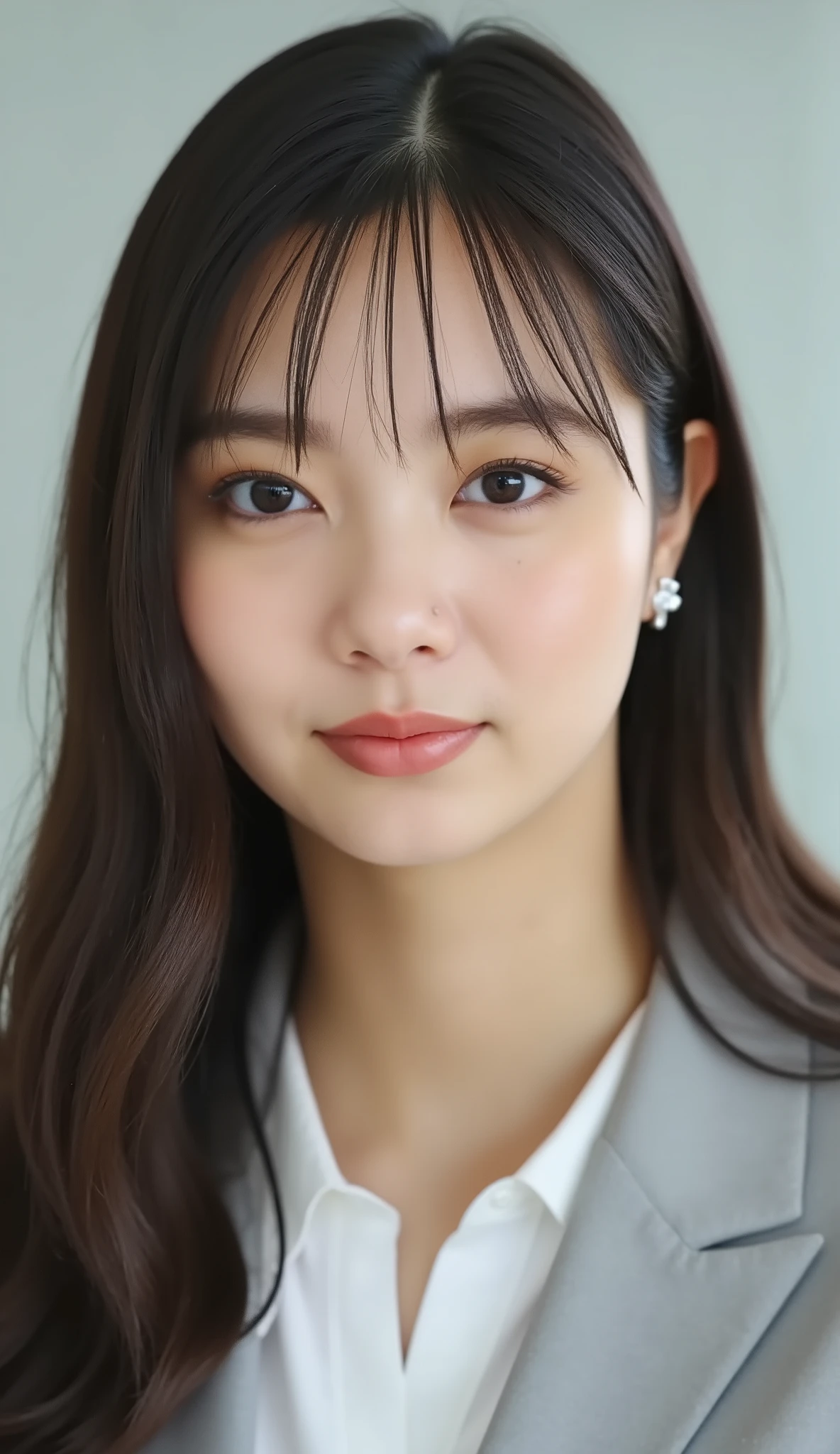 Neat Young Woman、looking at the camera、office lady suit、jacket、shirt、Ear piercings、 、無表情、face close-up、The background is office