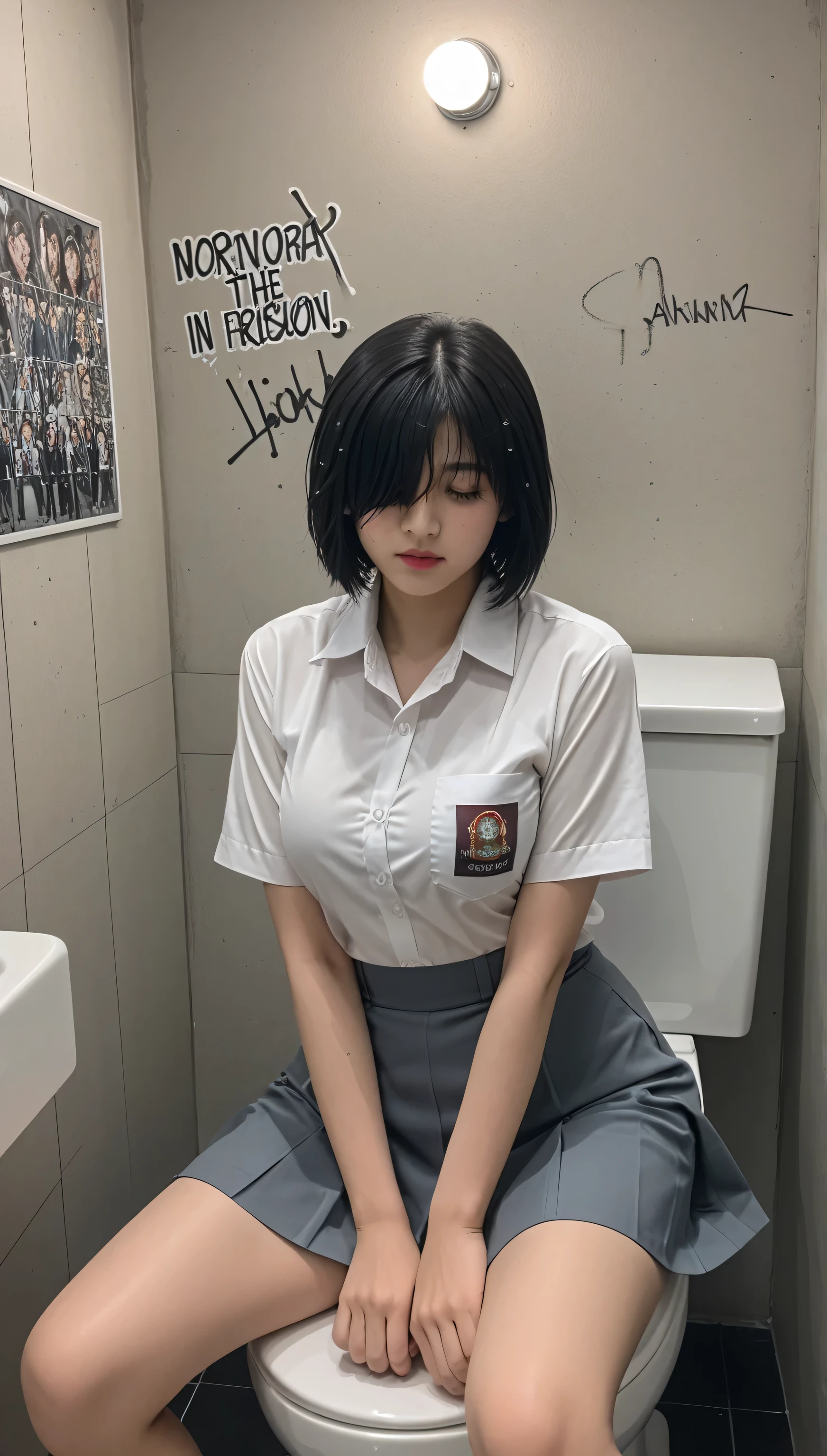 score_9, score_8_up, score_7_up, source_anime, Kaori sakaki,1 girl,alone,black hair, short hair,wide hips,hair covering eyes, Indonesia high school uniform,big breasts, perfect body, wide legs,hips up, photo art, high detail, high resolusi, best quality, women's toilet, graffiti wall background, mirror glass, sink, dim lights, wet body,Sitting on the toilet 