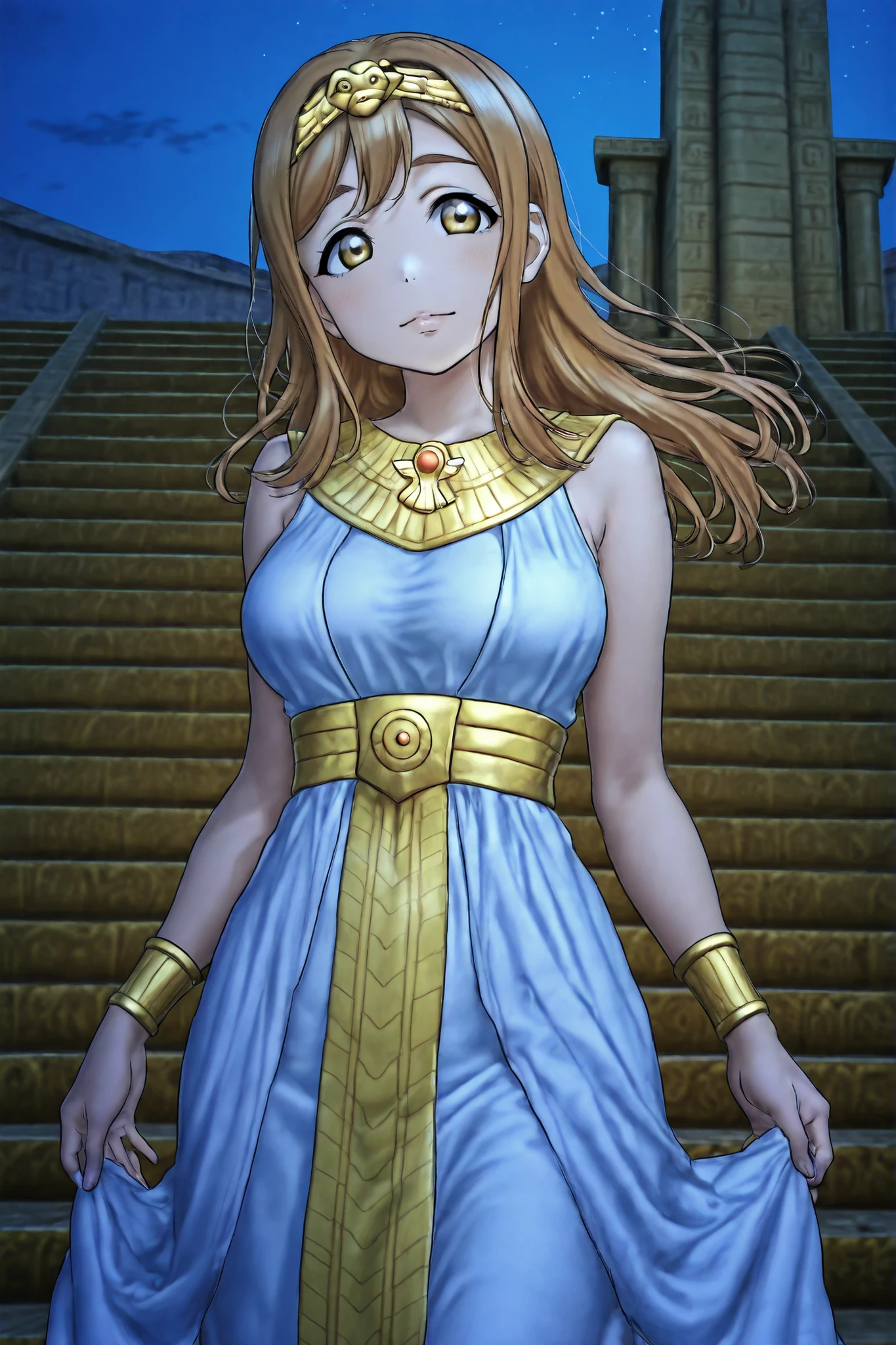 rukia,front view,professional art, highres, hdr, silky hair, detailed clothing, vibrant colors, kunikida hanamaru , Egyptian dress, tiara,flowing hair, upper body,elegant Egyptian accessories, cowboy shot, outdoors,skirt ,stairs , night