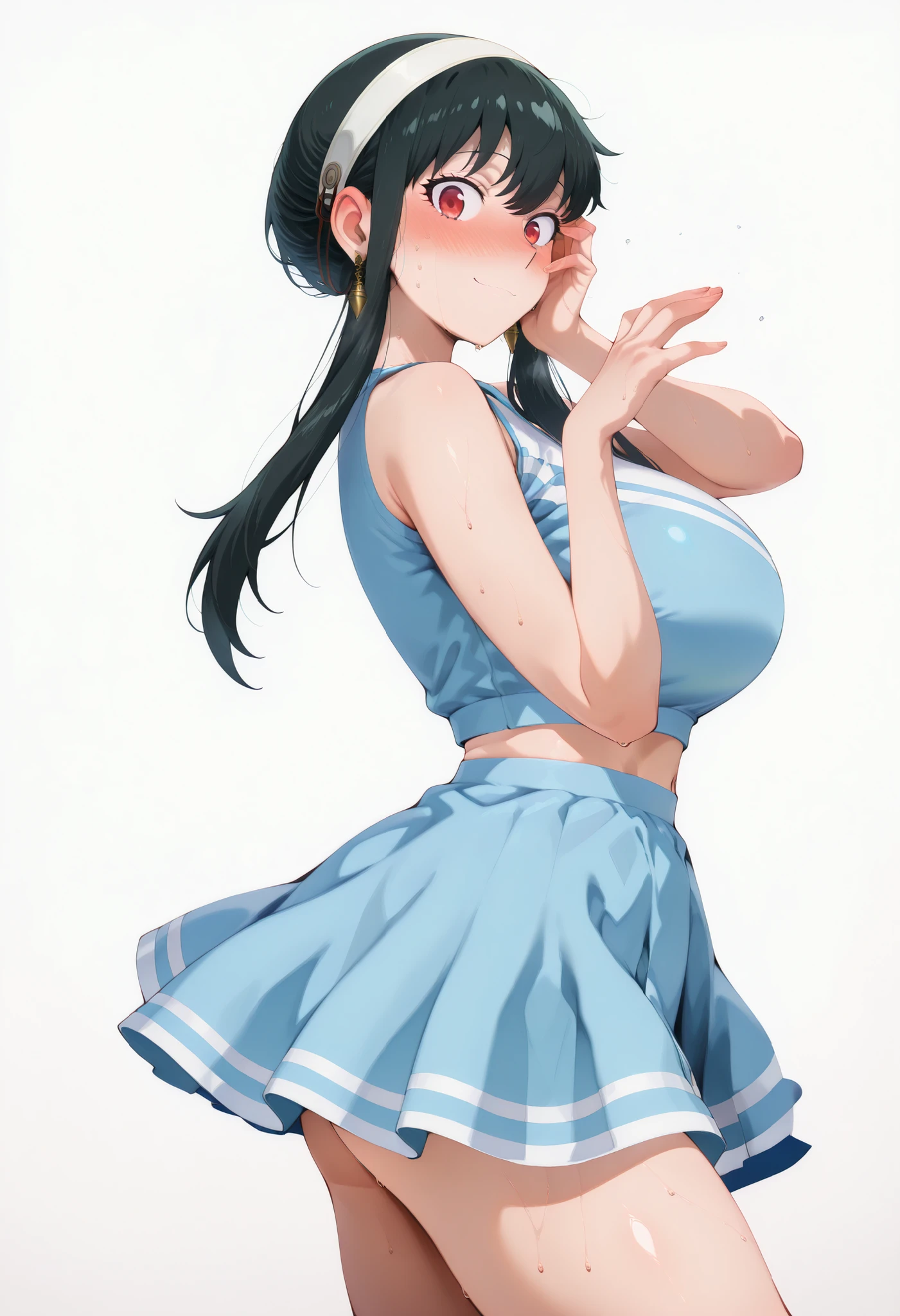score_9, score_8_up, score_7_up, score_6_up, score_5_up, score_4_up, masterpiece, high quality, yor briar, black hair, red eyes, earrings, white hairband, hairband, long hair, sidelocks, large breasts, shiny skin, shiny hair, shiny body, clear body, large breasts, nose blush, sweat, sweaty, sweaty:1.3,, standing, nice legs,, looking at viewer, thick thigh, thick thighs, nice face, solo, opaque clothes, cowboy shot, nice legs, DYNAMIC POse, , solo, large breasts, thick thigh, dynamic pose, navel ,midriff,,, LOOKING AT VIEWER, WHITE BACKGROUND, EMPTY BACKGROUND, soft smile,, DYNAMIC POSE, large breasts , looking at viewer, one hand behind on her, one hand on face, view from side, side pose, side looking, side view, cheerleader,cheerleader,,cheerleader,cheerleadercheerleader,cheerleader