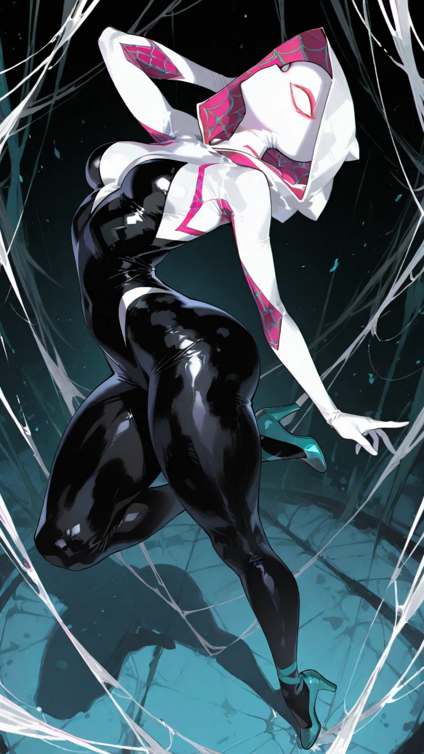 spider gwen, Hotly, partial , high quality, dynamic pose, Beautiful, gorgeousl, in love,Short suit, spider in a suit, white black red suit、Jennifer Garner