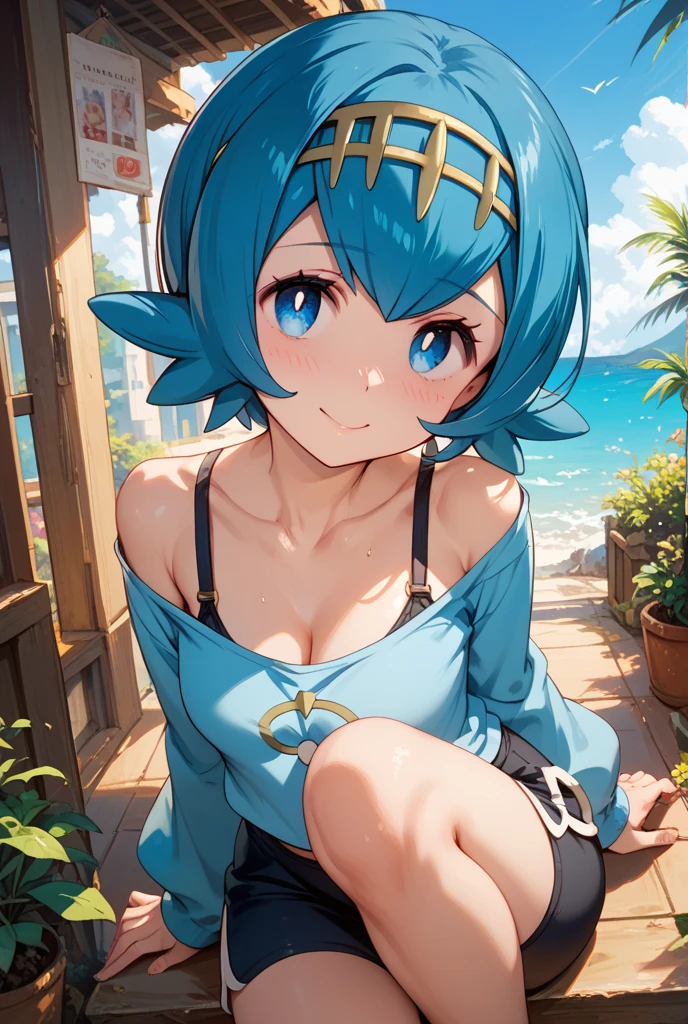 masterpiece, best quality, 32k, high resolution, absurdres, medium breasts, (curvy), cute, eyelashes, vivid colors, BREAK  ,,, <lora:ShamonabeLanaPokemonIXL:1.0>, zzLana, blue eyes, short hair, bright pupils,  ,,,,,,   smile, looking at viewer,   ,,,  bikini, tropical beach, plants, laying on towel, <lora:CatalystIXL:0.8>, <lora:princess_xl_v2:0.3>,