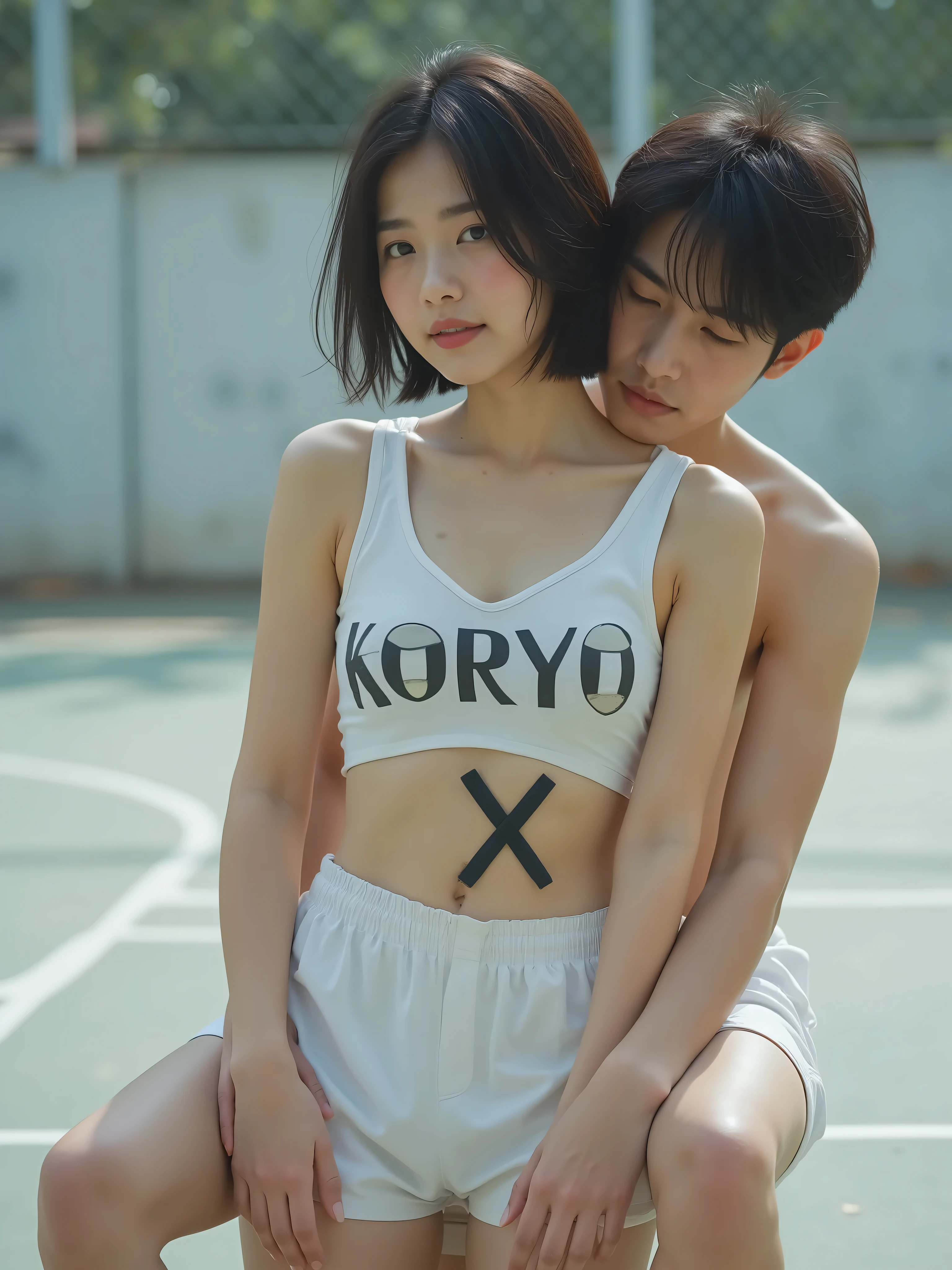 a young Japanese woman with black hair super short hair and fair skin, with large black letters on her chest「KORYO」standing wearing a white basketball uniform with {x} written on it、belly button out、Belly exposed、thighs.  she also has 、wearing white super low-rise shorts. basketball court that fits nothing、laughing smile 、hugged by a man from behind、sitting vaginal sex、man、

