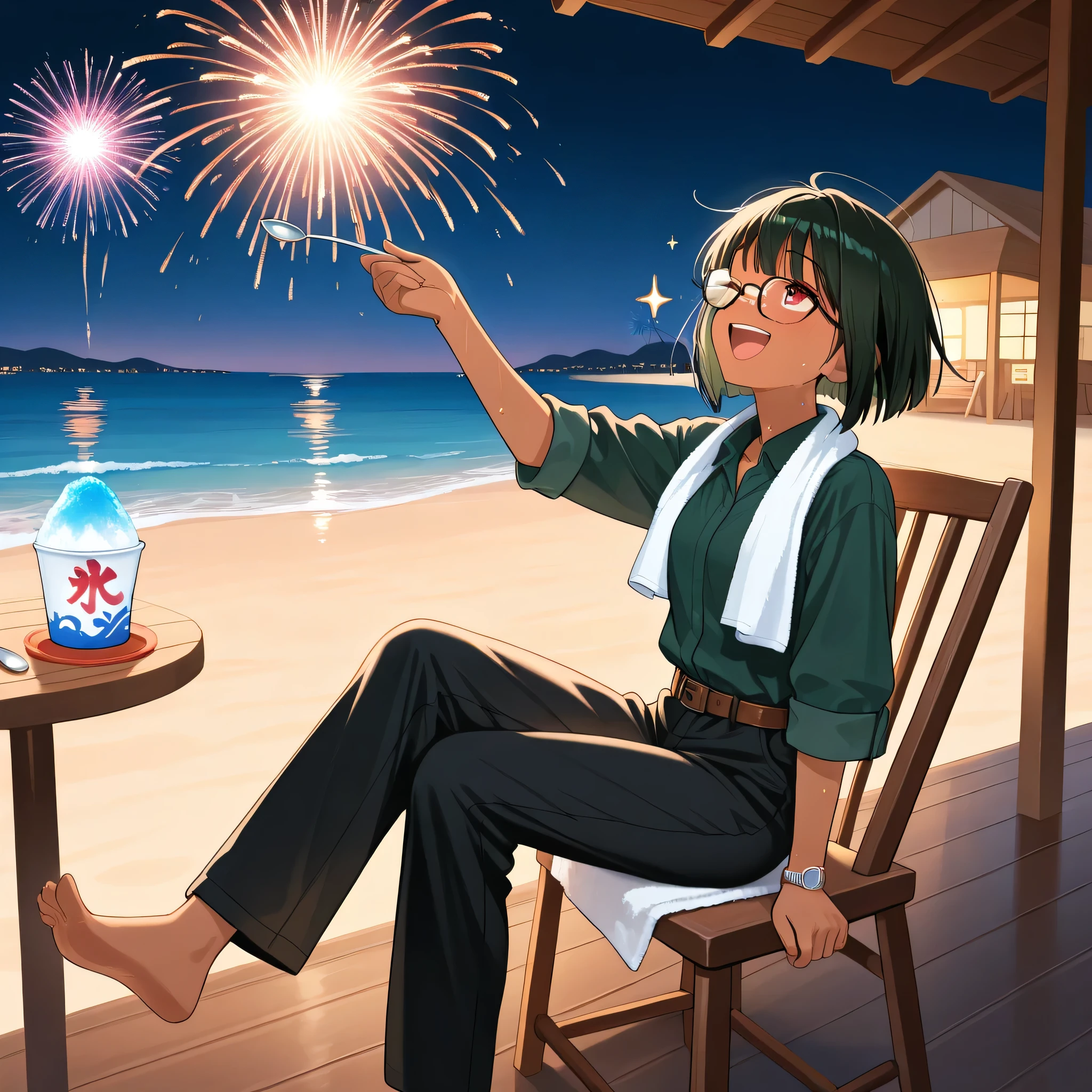 Cowboy Hot, masterpiece, 20s (single woman), (solo), (slim), sweating, heavy sweat, red eyes, laughing with one eye closed, looking up at fireworks, hot, happy face, good expression, open-mouthed laugh, (brown skin), bangs, (dark green short bob hair), long sleeves, upper body, (dark green collared shirt with rolled-up sleeves), silver wristwatch, (black long pants), brown belt, white towel around neck, upper body, (black-rimmed glasses), night, fireworks, barefoot, summer, sunny, seaside, shades, (fireworks are going off)), smiling, happy expression, (shaved ice in left hand, spoon in right hand)), beach house, wind chimes, sitting in a chair