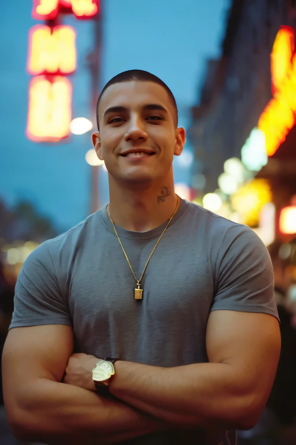 Photograph taken with 35mm Kodak Portra 800 film of a muscular, tattooed 19 year-old man with a taper fade haircut in broad shoulders, wearing a pair of diesel jeans,, standing by the Central Park reservoir at night under a full moon. In one hand by his side, he has a l cigarettes that is lit, and he has just taken a drag of and his exhaling with a smile on his face in which you can see his white teeth .Soft bokeh lights shimmer in the background, blending natural twilight with urban ambience, city skyscrapers visible outside the park in the distance in Manhattan