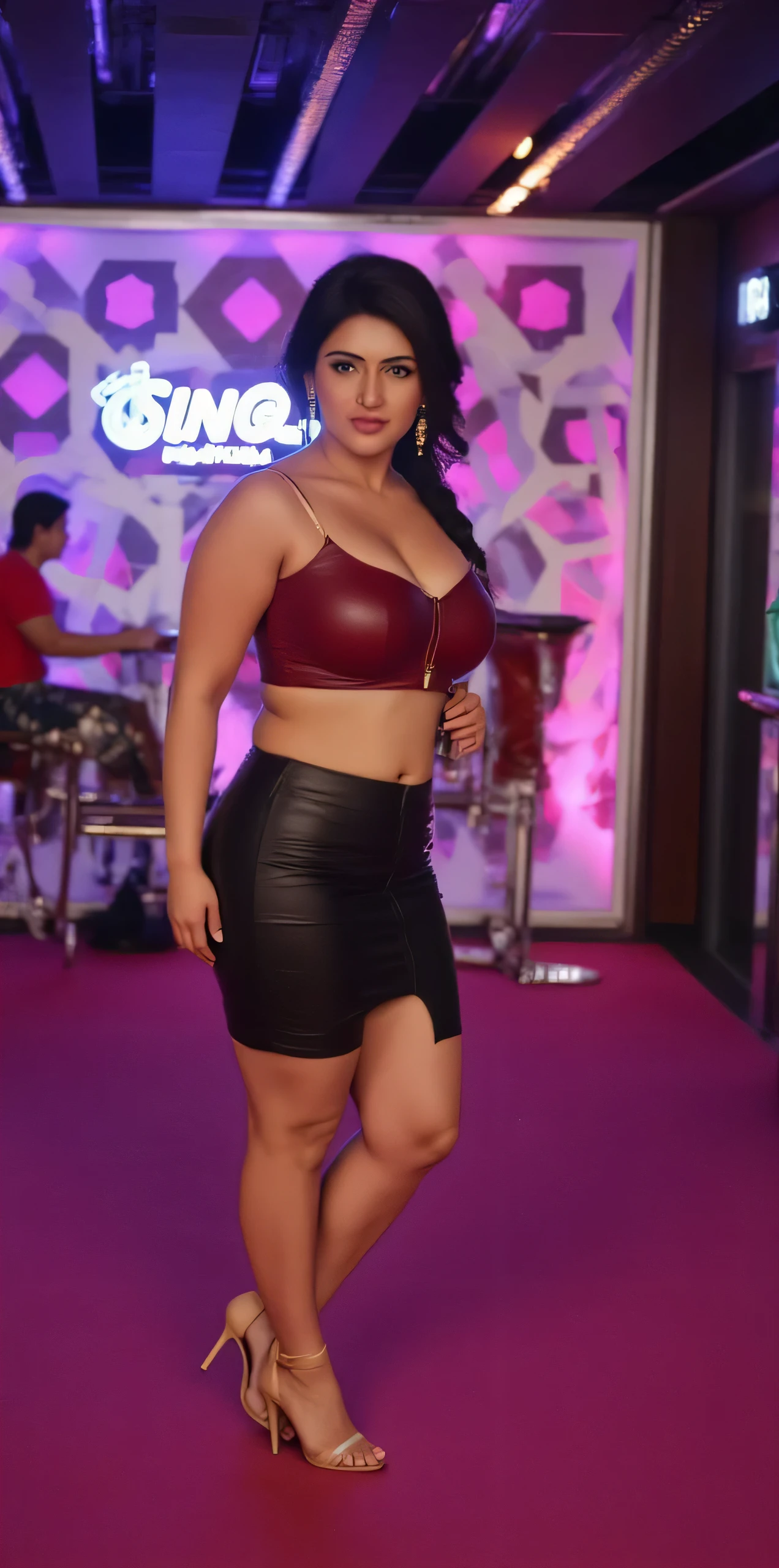 A woman is striking a confident pose within a stylish and modern nightclub setting. She is wearing a sleeveless, maroon leather very crop top paired with a sleek, black leather short skirt, accessorized with beige, strappy high-heeled sandals. Her posture is relaxed yet poised, with one arm bent slightly. The backdrop features a vibrant, futuristic design with geometric patterns in pink and blue hues, along with the prominent logo "SINQ Nightclub" in white. The room is illuminated by linear ceiling lights, emphasizing the sleek and contemporary vibe of the space. The overall ambiance conveys an energetic and trendy atmosphere, typical of a lively nightlife scene. The lighting highlights the subject effectively, adding to the dynamic and fashionable essence of the image.