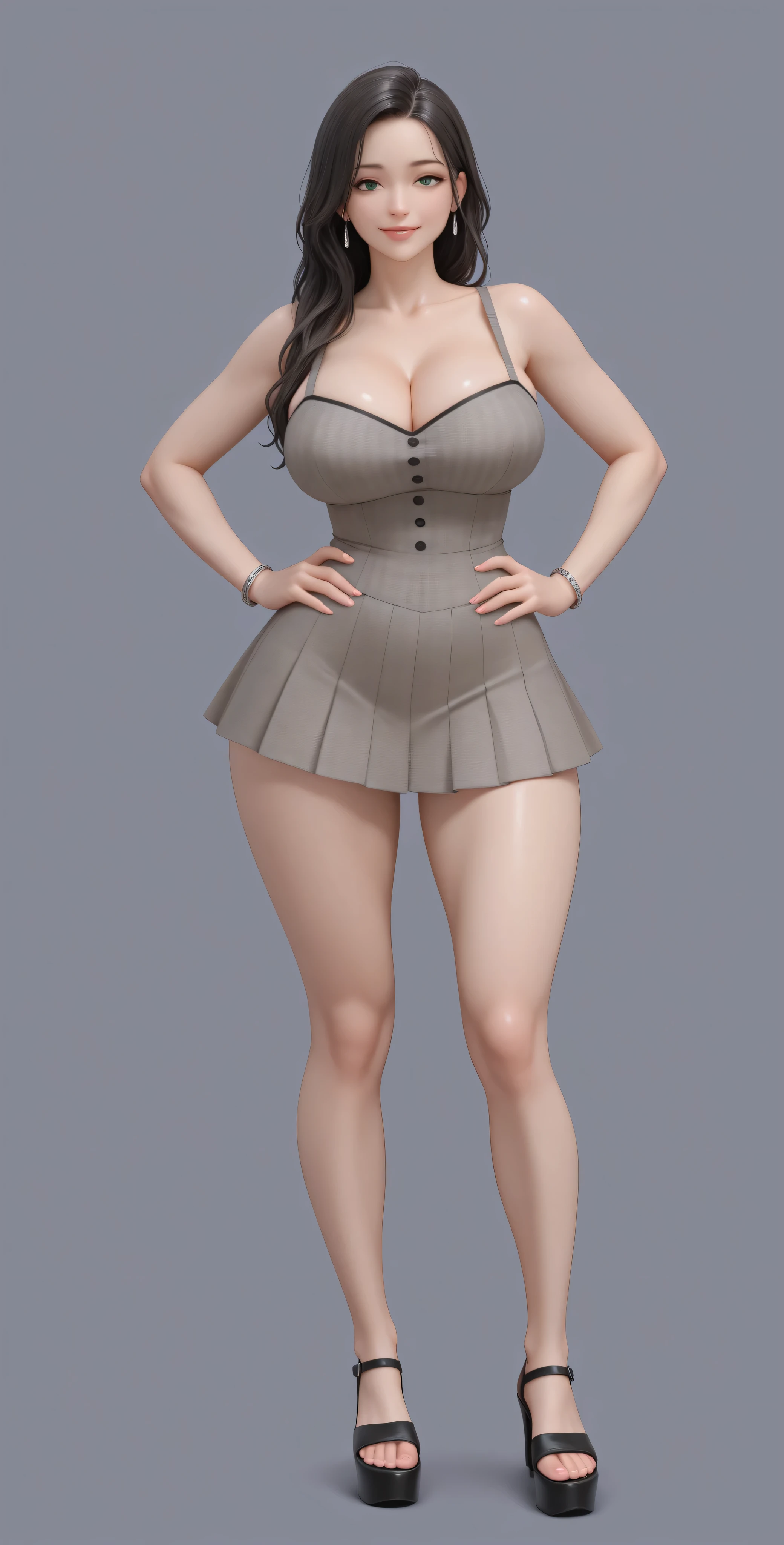 high definition, 4k, Of course. a very  nymphomaniac milf babe, cha Hye Yeon.   smile. (((Alone.))) (gray background). Leopard print corset:1.5. Shiny black metallic bodice, sleeveless corset, sweetheart neckline,  shoulders, clavicles. plaid red miniskirt, pleated, very tight. very large and round , wide , beautiful big round ,  silver bracelets , high heel black platform sandals, FULL BODY,  smile (hyperdetailed face), black-haired, long and wavy, very well detailed green eyes. Sensual pose with hands on ,  probocative look. Photo RAW. 16K. masterpiece. Higher quality. anatomía perfecta. manos perfectas. 