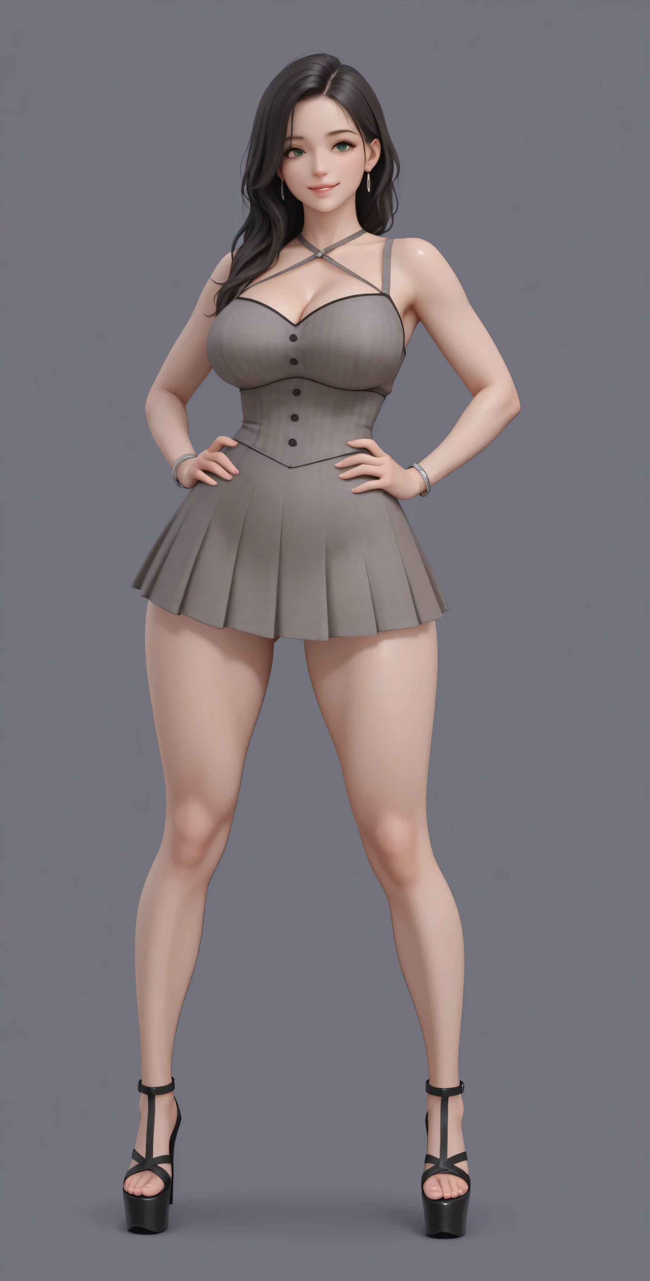 high definition, 4k, Of course. a very nymphomaniac milf babe, cha Hye Yeon. smile. (((Alone.))) (gray background). Leopard print corset:1.5. Shiny black metallic bodice, sleeveless corset, sweetheart neckline, shoulders, clavicles. plaid red miniskirt, pleated, very tight. very large and round , wide , beautiful big round , silver bracelets , high heel black platform sandals, FULL BODY, smile (hyperdetailed face), black-haired, long and wavy, very well detailed green eyes. Sensual pose with hands on , probocative look. Photo RAW. 16K. masterpiece. Higher quality. anatomía perfecta. manos perfectas.