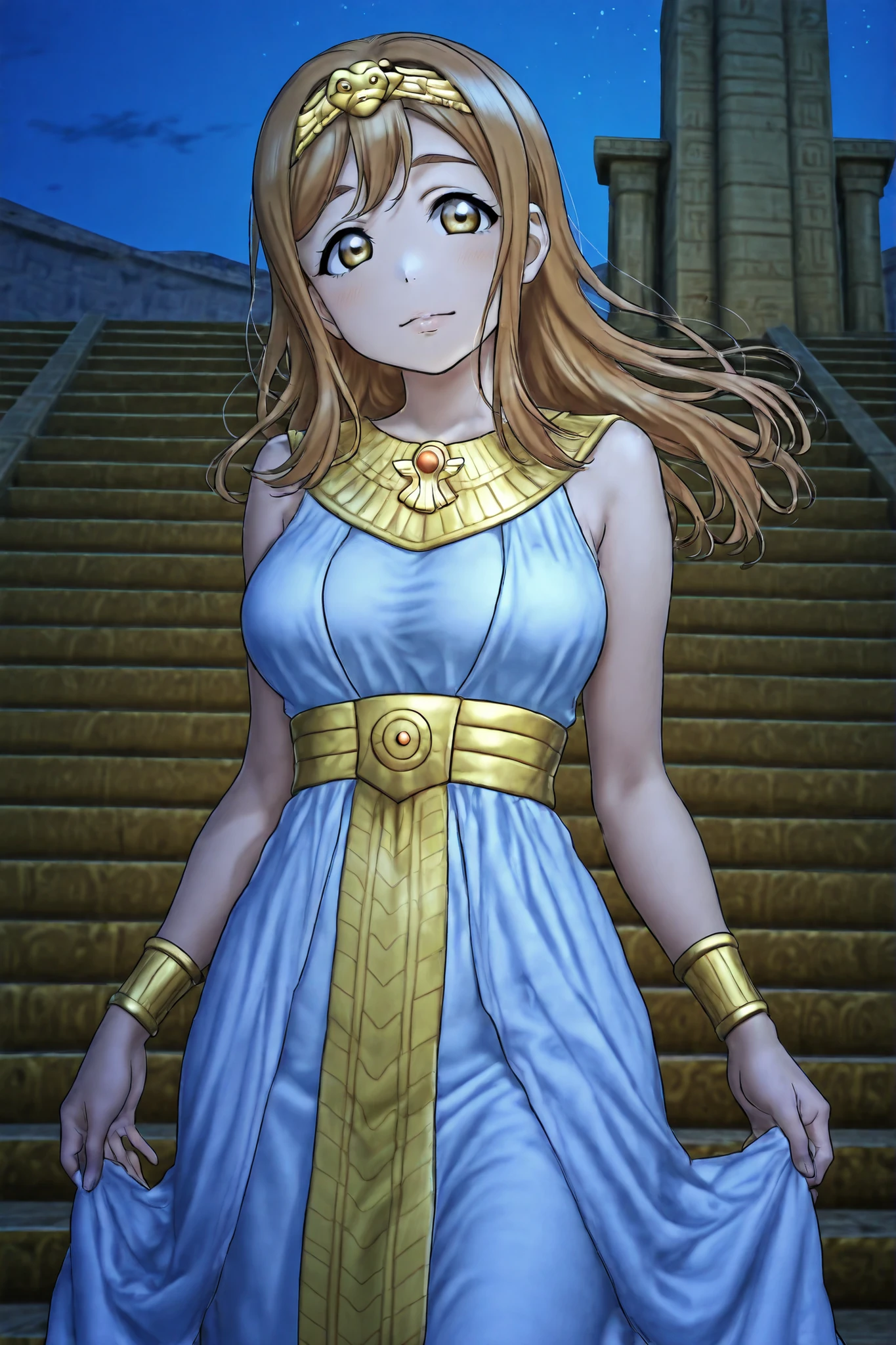rukia,front view,professional art, highres, hdr, silky hair, detailed clothing, vibrant colors, kunikida hanamaru , Egyptian dress, tiara,flowing hair, upper body,elegant Egyptian accessories, cowboy shot, outdoors,skirt ,stairs , night