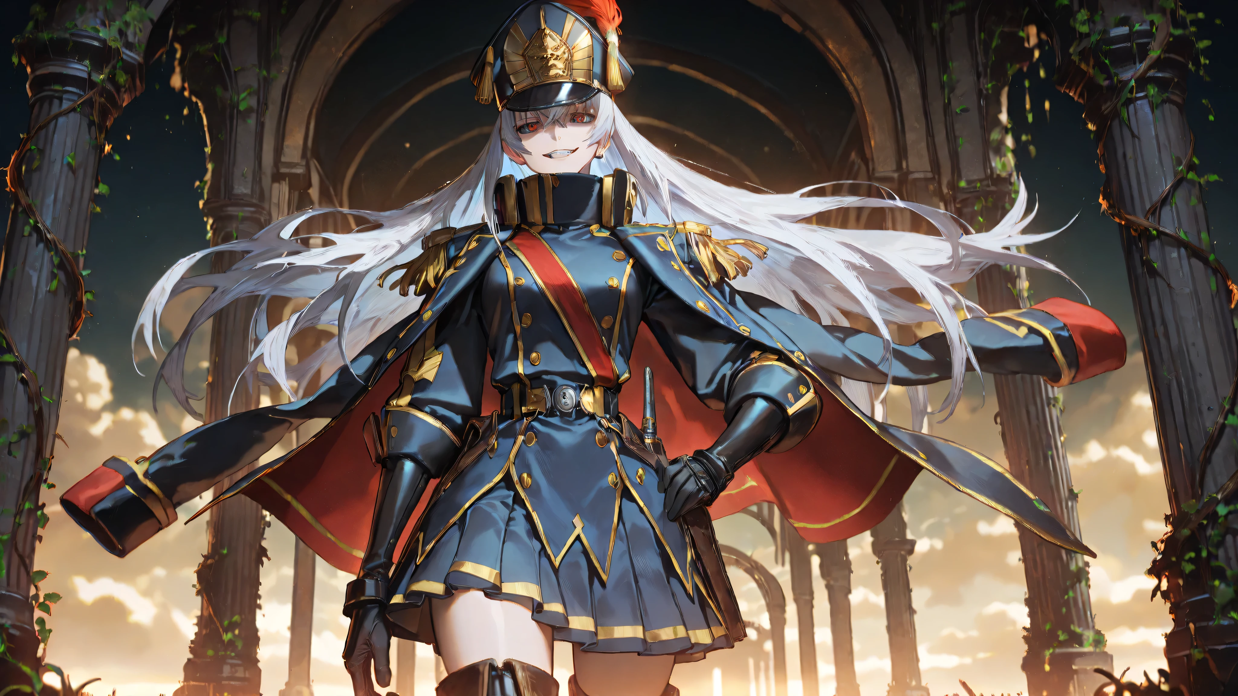 masterpiece, best quality, ultra-detailed, hyper-detailed, intricate details everywhere, 8k uhd, sharp focus, anime style inspired by Re:CREATORS, Altair the military uniform princess, stunning young woman with extremely long flowing silver-white hair reaching mid-thigh in silky smooth waves with individual strands visible and subtle silver highlights catching light, piercing intense crimson red eyes with sharp cat-like pupils and faint ethereal glow, elegant sharp facial features with high cheekbones, porcelain pale skin with flawless texture and subtle natural shadows under eyes, confident mysterious smirk with slightly parted lips revealing white teeth, wearing ornate military officer's peaked cap with golden sunburst emblem at front, tall golden plume feather curving gracefully, dark navy-blue high-collar uniform jacket with elaborate gold braiding and epaulets on shoulders featuring intricate filigree patterns of eagles and stars, double-breasted front with polished silver buttons arranged in precise rows, red shoulder cords draped elegantly, black leather gloves extending to elbows with reinforced armored segments and lace-trimmed cuffs, long fitted navy-blue military skirt with pleated hem adorned with golden eagle insignia embroidered in fine metallic threads and subtle fringe details, thigh-high black leather boots with multiple buckles, straps, and golden spurs at heels, polished to a high shine with scuff marks for realism, white silk scarf loosely tied at neck with red accents, dynamic standing pose with left hand on hip and right hand extended forward as if commanding, subtle wind-swept fabric folds and hair movement, background of dramatic twilight sky with swirling purple and gold clouds, ancient stone pillars cracked and overgrown with vines in foreground, floating holographic data fragments and reality-warping glitches in midground, volumetric god rays filtering through mist, cinematic depth of field with foreground elements in razor-sharp focus, in
