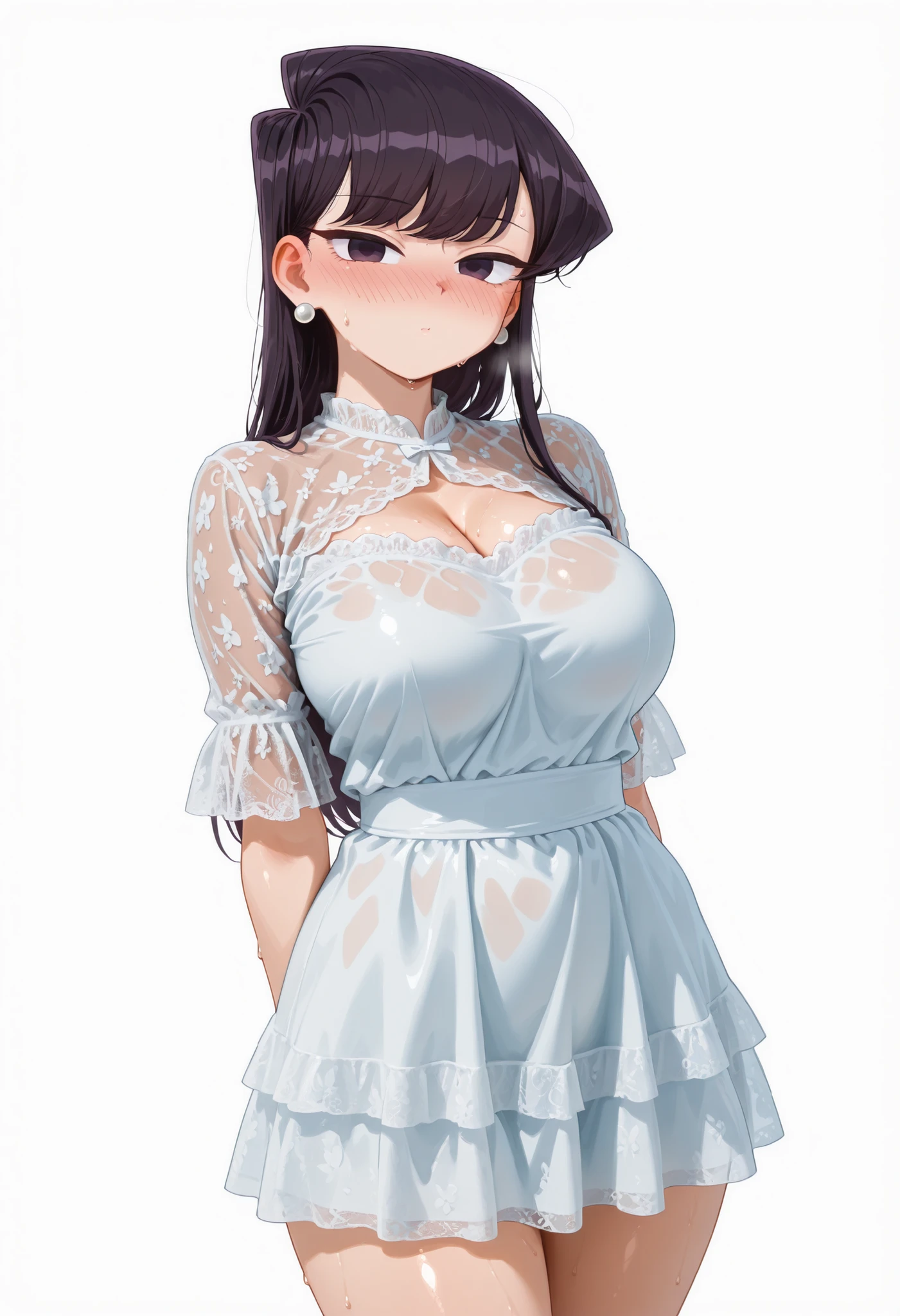 score_9, score_8_up, scrore_7_up, source_anime, masterpiece, best quality, ultra-detailed, anime style, 1 girl, huge breasts, sexy pose, kawaii,, very sexy, komi shouko, cute girl , half-lidded eyes,, flirtatious expression, half-lidded eyes,, NOSE BLUSH, COVERED BREASTS,, ,, dynamic pose,, opaque clothes, LOOKING AT VIEWER, COWBOY SHOT,,, POSING, large breasts,, sweat, sweaty, sweaty:1.3, nose blush,, looking at viewer, nice legs, legs, standing, solo, female, shiny skin, shiny hair, shiny body, clear body, COWBOY SHOT,. High-resolution anime-style illustration, clean lines, smooth shading, and rich fabric details., opaque clothes, LOOKING AT VİEWER, opaque clothes, POSING,, CLEAVAGE, POSING, looking at viewer, NOSE BLUSH, LARGE BREASTS , CLEAVAGE, alone, earrings, nose blush, solo, STANDING, POSING,, ,, ,, , , , ,, , , , , ,, , , , , ,, , , , LARGE BREASTS, PROFESSIONAL LIGHTING, LIGHTED BODY, thick thigs, wide hips, slim waist, POSING, STANDING UPRIGHT, THICK THIGS, OPAQUE CLOTHES, ,white background, empty background, short dress, lace sleeves,short dress, lace sleeves,,short dress, lace sleeves,,short dress, lace sleeves,,,short dress, lace sleeves,,,short dress, lace sleeves,,short dress, lace sleeves,,,