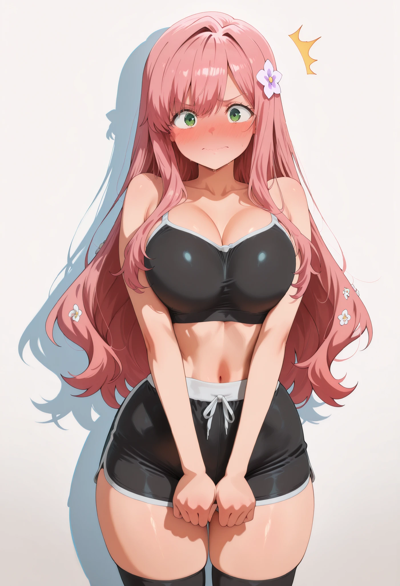 (masterpiece) ,best quality,amazing quality,very aesthetic,absurdres,newest, Hahari Hanazono (The 100 Girlfriends Who Really, Really, Really, Really, Really Love You),,black thigh-highs,, 1girl, long hair, bangs, green eyes, pink hair, flower, hair flower,,cowboy shot, NOSE BLUSH, embarrassed expression with blushing cheeks,, curvy hips and thick thighs,, large breasts, SLIM WAIST, medium breasts, looking at viewer, white background, empty background,  posing, blushing and looking embarrassed,, standing against a white background, soft lighting, high detail, expressive anime face, detailed skin texture, boyshorts, boxer briefs,boyshorts, boxer briefs,,boyshorts, boxer briefs,
