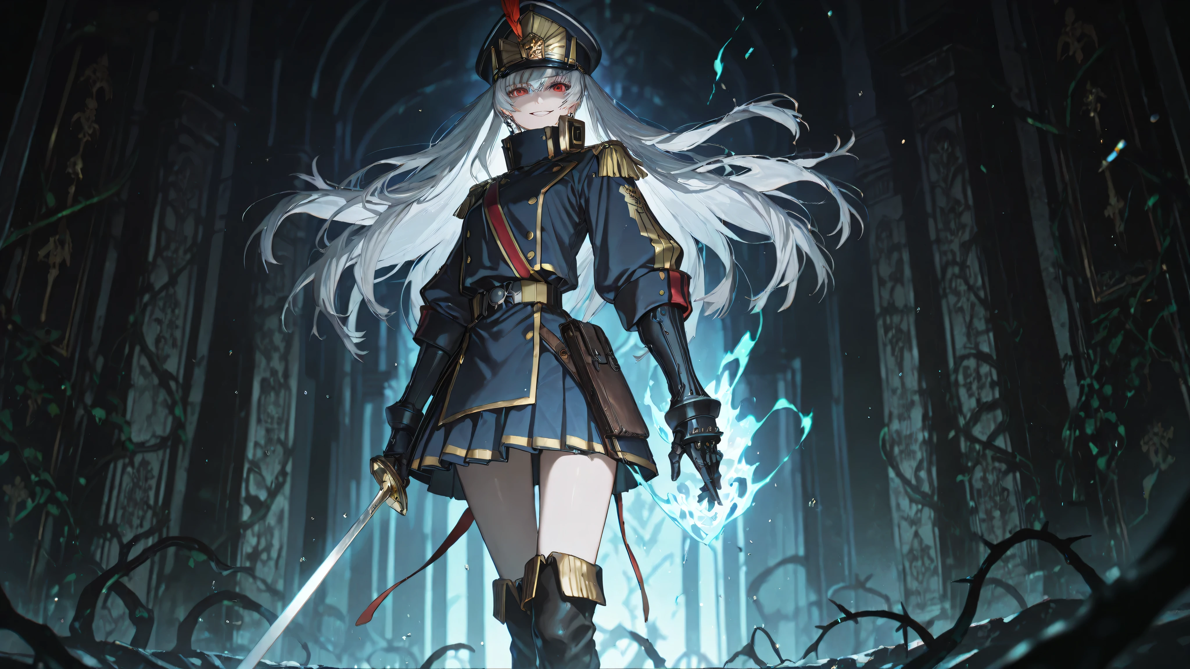 masterpiece, best quality, ultra-detailed, highly intricate, 8k resolution, anime style, Altair from Re:CREATORS, beautiful young woman with long flowing silver-white hair cascading down to her waist in elegant waves and subtle highlights, piercing crimson red eyes with intricate bluish-green holographic data boxes floating within the pupils like digital interfaces, sharp elegant facial features with pale flawless skin, subtle blush on cheeks, determined and mysterious expression with a slight smirk, wearing a dark navy-blue military officer's hat adorned with gold insignia and feather plume, Spanish-style double-breasted white military coat with elaborate gold embroidery patterns of vines and stars along the edges, high collar with silver buttons, robust silver cufflinks encasing her forearms like armored gauntlets, short pleated skirt in navy blue with a prominent golden eagle emblem embroidered in filigree threads at the hem, thigh-high black leather boots with intricate buckles and spurs, white gloves with lace trims, holding a glowing ethereal sword named Holopsicon in her right hand, the blade shimmering with blue energy runes and particle effects, dynamic pose standing atop a crumbling ancient ruin under a stormy sky with swirling vortexes of light and shadow, background filled with highly detailed elements like floating code fragments, shattered glass-like reality rifts, blooming cherry blossoms mixed with digital glitches, volumetric god rays piercing through clouds, dramatic lighting with rim light highlighting her silhouette, depth of field, cinematic composition, intricate textures on fabric folds, metallic reflections on buttons and sword, subtle motion blur on hair strands