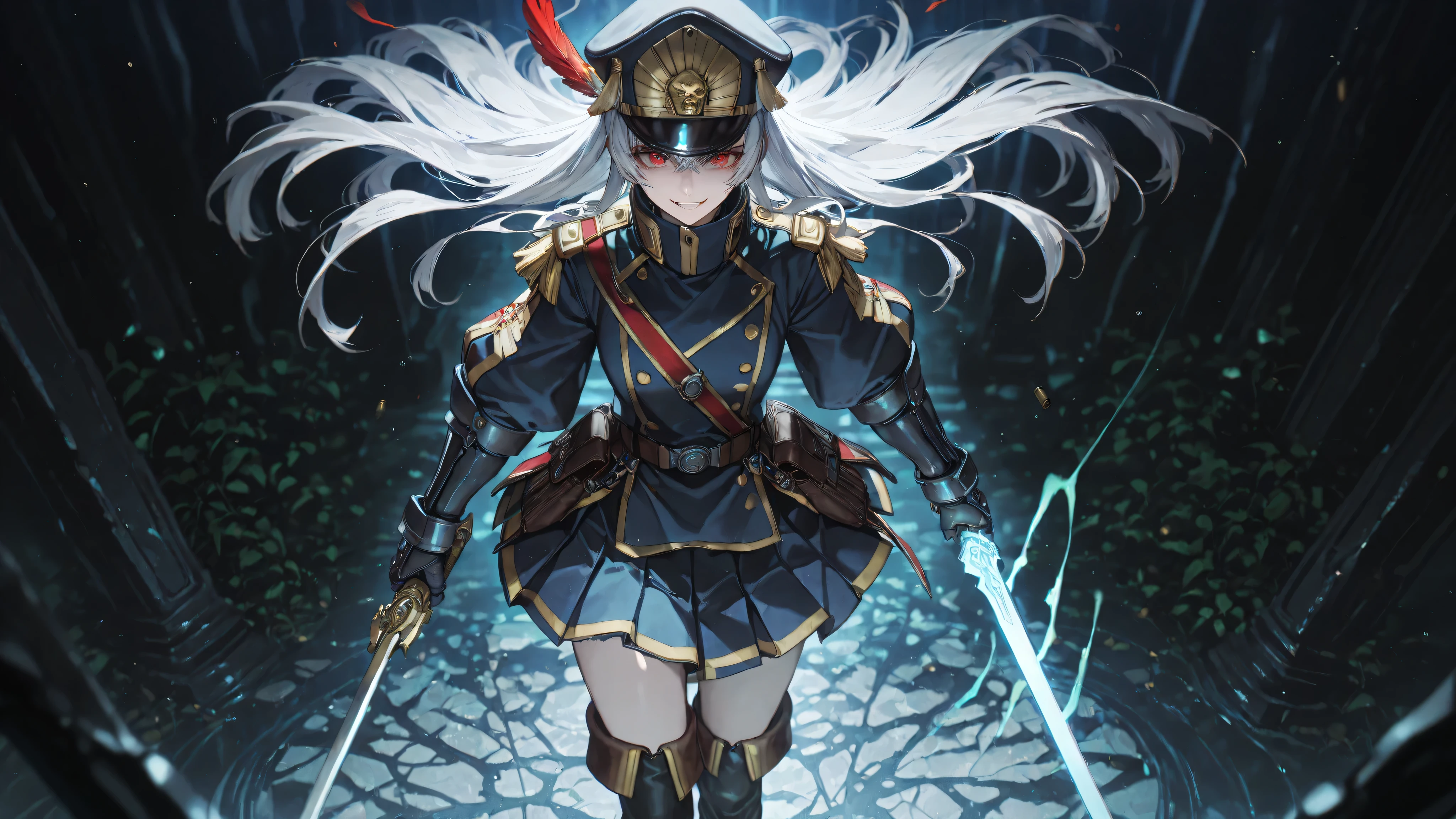 masterpiece, best quality, ultra-detailed, highly intricate, 8k resolution, anime style, Altair from Re:CREATORS, beautiful young woman with long flowing silver-white hair cascading down to her waist in elegant waves and subtle highlights, piercing crimson red eyes with intricate bluish-green holographic data boxes floating within the pupils like digital interfaces, sharp elegant facial features with pale flawless skin, subtle blush on cheeks, determined and mysterious expression with a slight smirk, wearing a dark navy-blue military officer's hat adorned with gold insignia and feather plume, Spanish-style double-breasted white military coat with elaborate gold embroidery patterns of vines and stars along the edges, high collar with silver buttons, robust silver cufflinks encasing her forearms like armored gauntlets, short pleated skirt in navy blue with a prominent golden eagle emblem embroidered in filigree threads at the hem, thigh-high black leather boots with intricate buckles and spurs, white gloves with lace trims, holding a glowing ethereal sword named Holopsicon in her right hand, the blade shimmering with blue energy runes and particle effects, dynamic pose standing atop a crumbling ancient ruin under a stormy sky with swirling vortexes of light and shadow, background filled with highly detailed elements like floating code fragments, shattered glass-like reality rifts, blooming cherry blossoms mixed with digital glitches, volumetric god rays piercing through clouds, dramatic lighting with rim light highlighting her silhouette, depth of field, cinematic composition, intricate textures on fabric folds, metallic reflections on buttons and sword, subtle motion blur on hair strands