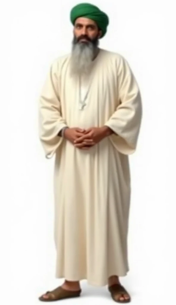 A full-body realistic portrait of an Islamic saint (Allah’s Wali), wearing a light cream-colored jubba (instead of plain white) and a green turban on his head. He is standing at a three-quarter angle, slightly turned to one side (not directly facing the front, but at an angle). On his feet are old traditional shoes from ancient times. The background must be completely removed (transparent background). The image should look highly detailed, natural, and realistic.