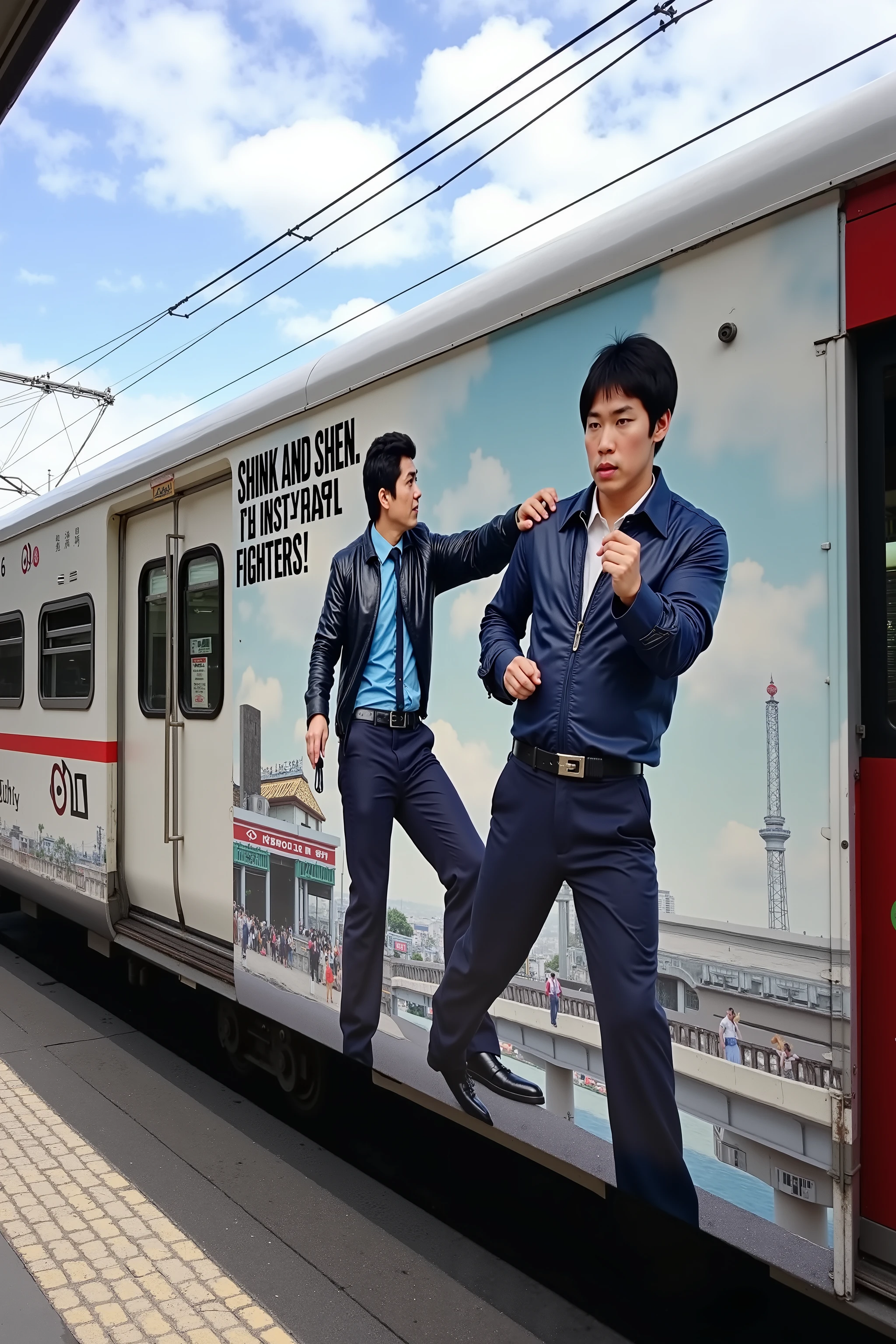 Printed on the side of a white Shinkansen train, two Asian men in leather fighting above the city train station are printed on the train, comic book style printing on the train the text is written in English “Shink and Shen. The rail fighters!”