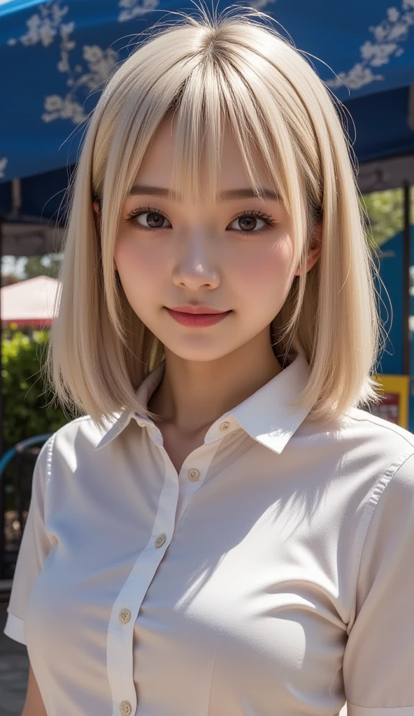 Sunburn marks on tanned skin、blush、Blonde bun hair,A cute 17-year-old girl with a cute look, A strong wind blows my hair in front of my face、Beautiful big sparkling eyes, Cute eyes hidden by long bangs、Yawn、No visible nasolabial folds、A short, light-colored 、A summer shirt with cute colorful patterns、Korean Beauty、Cheeks