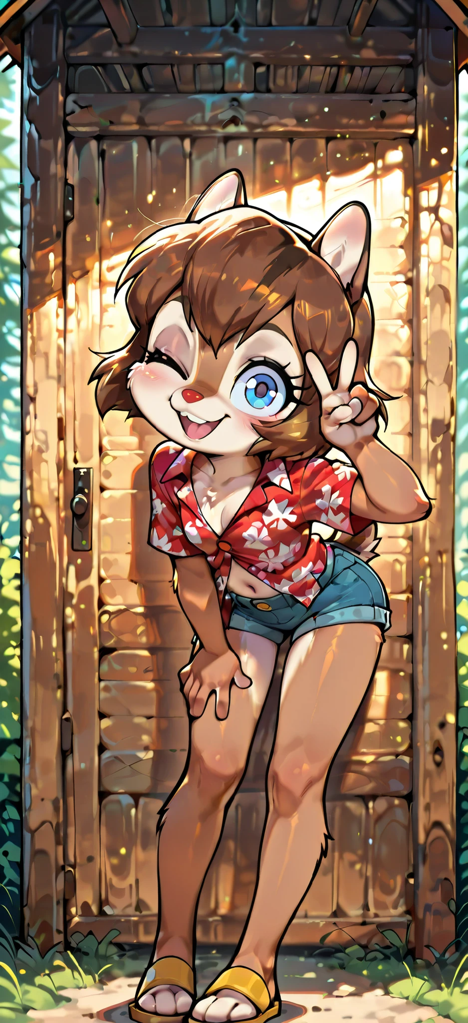 score_9, score_8_up, score_7_up, score_6_up,, hi_res, furry_source, absurdres, masterpiece, best quality, amazing quality, Chip'n Dale Rescue Rangers, 1girl, solo, alone, Femdale, furry, anthro, chipmunk girl, brown fur, blue eyes, chipmunk tail, red nose, brown hair, short hair, bangs, short body, short stature, ((red hawaiian shirt, claveage, one button fastened, denim shorts, sandals)), small breasts, navel, (very skinny:1.0), (Small, Short:1.1), (young cub:1.2), full body, feets with three toes, spread buckteeth, tree cabin on background, adorable pose, standing, wink, one eye closed, v, peace sign with one hand, leaning forward,