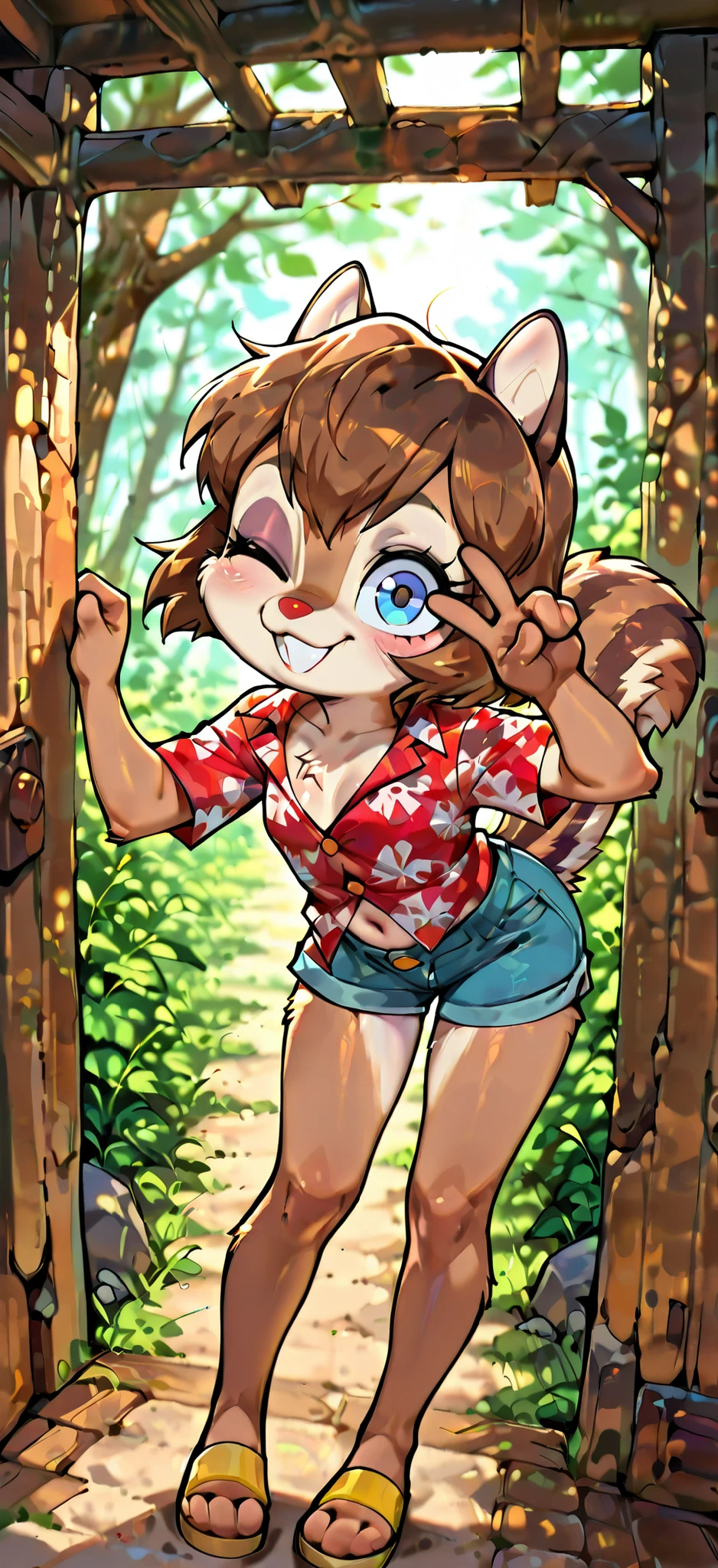 score_9, score_8_up, score_7_up, score_6_up,, hi_res, furry_source, absurdres, masterpiece, best quality, amazing quality, Chip'n Dale Rescue Rangers, 1girl, solo, alone, Femdale, furry, anthro, chipmunk girl, brown fur, blue eyes, chipmunk tail, red nose, brown hair, short hair, bangs, short body, short stature, ((red hawaiian shirt, claveage, one button fastened, denim shorts, sandals)), small breasts, navel, (very skinny:1.0), (Small, Short:1.1), (young cub:1.2), full body, feets with three toes, spread buckteeth, tree cabin on background, adorable pose, standing, wink, one eye closed, v, peace sign with one hand, leaning forward, 