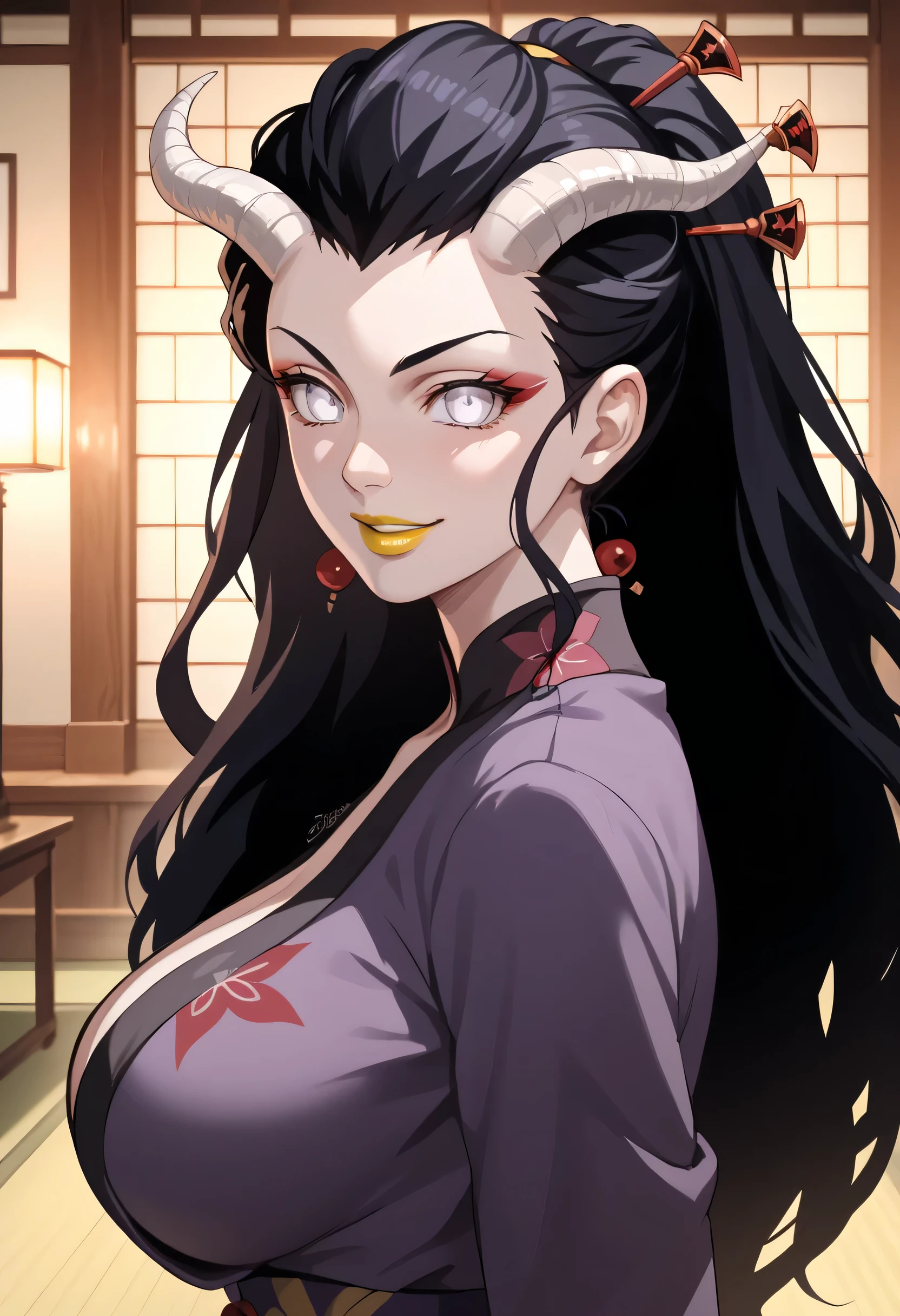 woman, large breasts, anime style, yellow lipstick, pale skin, white eyes, dark environment, focus on the character, sensual smile, purple kimono, side view, long hair, looking at the viewer, strong, black hair, inside a Japanese temple, horns, night, dark room, dark, top view, thin waist, open arms, villain, evil, arrogant, dominant, Hinata Hyuga, Demon girl, Daki, evil