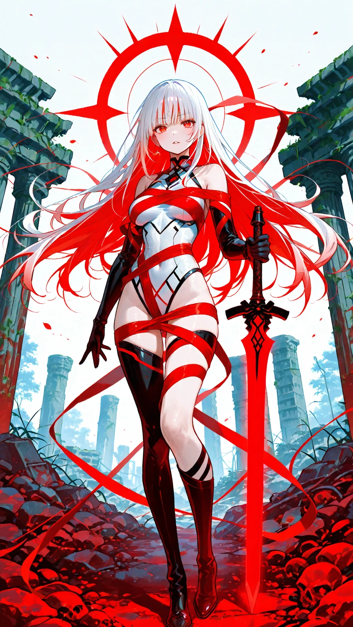 Woman as Legendary Guardian、supple figure、Expandable Glowing Sword、Red and White Color Scheme、Long Hair Fluttering in the Wind、Background with a mixture of ancient ruins and futuristic cities、Figure Wrapped in Mysterious Light、Courageous Standing、emotional expressions for the whole world、cool design