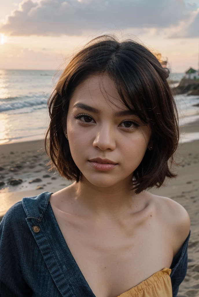 (Best quality, 8k, 32k, Masterpiece, UHD:1.2),Photo of Pretty woman, very short bob hair,upper body,face focus,oversized_shirt, looking at viewer,jenya.d, dyed red hair, tropical beach, smile,  sfw