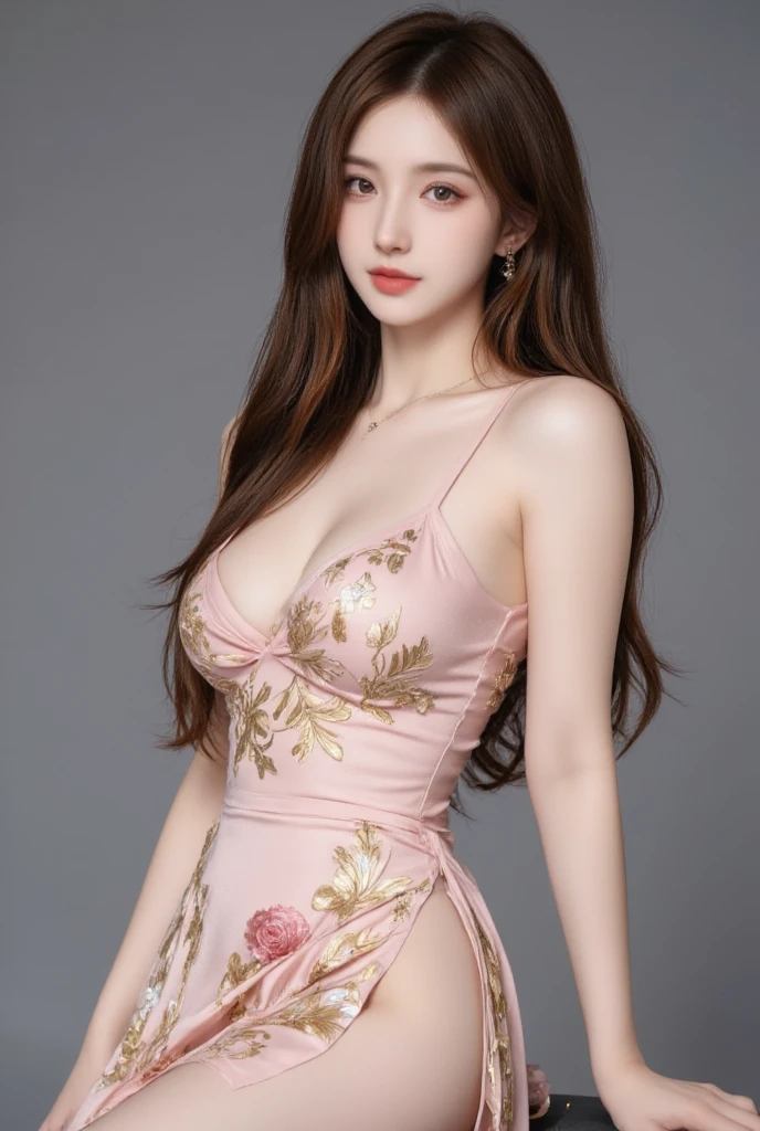 1gir,(gray background),(8k, RAW photo, best quality, masterpiece:1.2),(realistic, photo-realistic:1.2)(raw photo) (extremely detailed CG unity 8k wallpaper) detailed and intricate,original,highres,(1girl)(solo)(looking at viewer)(pink dress)see-through,crop top,midriff,(large breasts)sex pose,(cowboy shot),(standing, from below,clothes in front:1.2) beautiful concept illustration