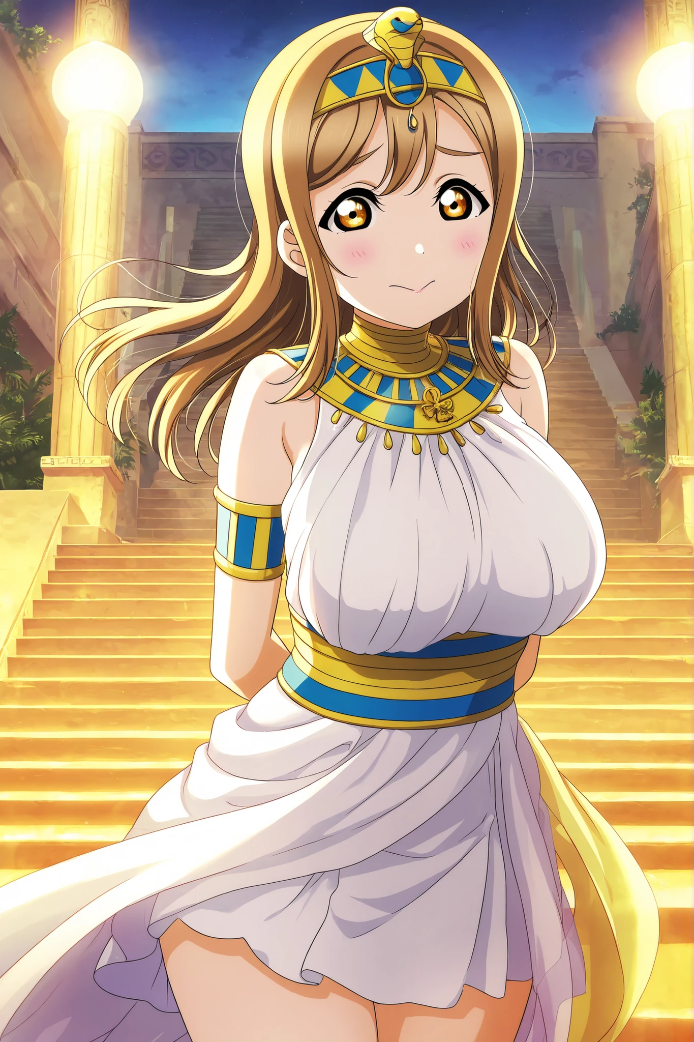 Love live, love live official artwork, anime screen cap,front view,professional art, highres, hdr, silky hair, detailed clothing, vibrant colors, kunikida hanamaru , Egyptian dress, tiara,flowing hair, upper body,elegant Egyptian accessories, cowboy shot, outdoors,skirt ,stairs , night , huge breasts , wind, flowing clothes, thick thighs , shy, relaxed pose,thighs pressed together , standing, looking at viewer ,arns behind back,