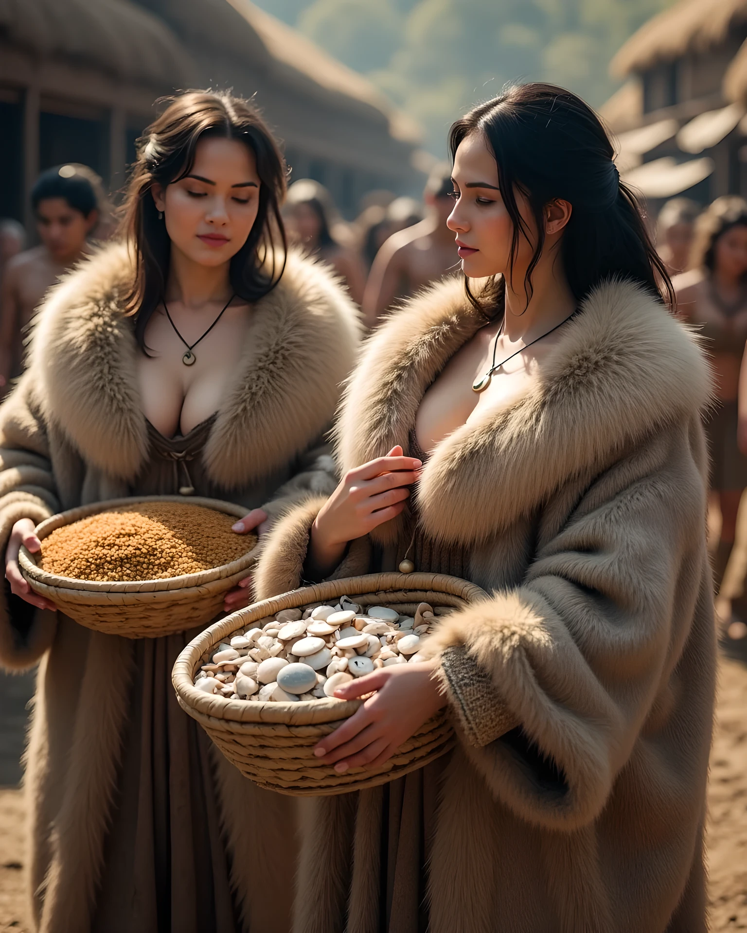Ancient age era,(prehistoric age era:1.6), ((Realistic cinematography best cinematic angle depth intense details of realistically beautiful primitive market scenery)),,(focusing on two primitive female merchants each holding the goods in the woven baskets:one holding the basket full of wheat grains:the other holding the basket full of seashells),distinctive,(each features are depicted clearly),(realistically accurately and intricately depicting scenery),(barter),,(wearing full fur primitive nomad cloak),persian,(perfectly symmetrically precisely busty full body),(cinematic dynamically camera cinematic angle scenery:accurately depicted:1.3),the lively prehistoric cradle of historcal depicting scenery,midday,realistically full depth,autumn season,(cinematography dynamic angle|hyperrealistic:realistic scenery:3d texture over the scenery),best videography angle,hdr,masterpiece,4K,(cinematography vibe),,(dynamic image composition),(octane 3d rendering|50mm lens shot:1.3),(precise lifelike human depiction:realism),(best rule of third photography composition),(best image aperture),(full details depth of field),(best shutter speed),(RAW photo image),(photorealistic|photorealism:hyperrealism style),(realistic depth 3d:cgi:1.3),(trending on cgsociety:devianart:unreal engine 5),,(best photography:national Geographic style), stonePunkAi and sandalPunkAi artwork, digital art,best lighting concept,(realistic intricately fixed fully accurate human's anatomy body+hands+and+fingers anatomical),,inspired by farcry5 game artwork.