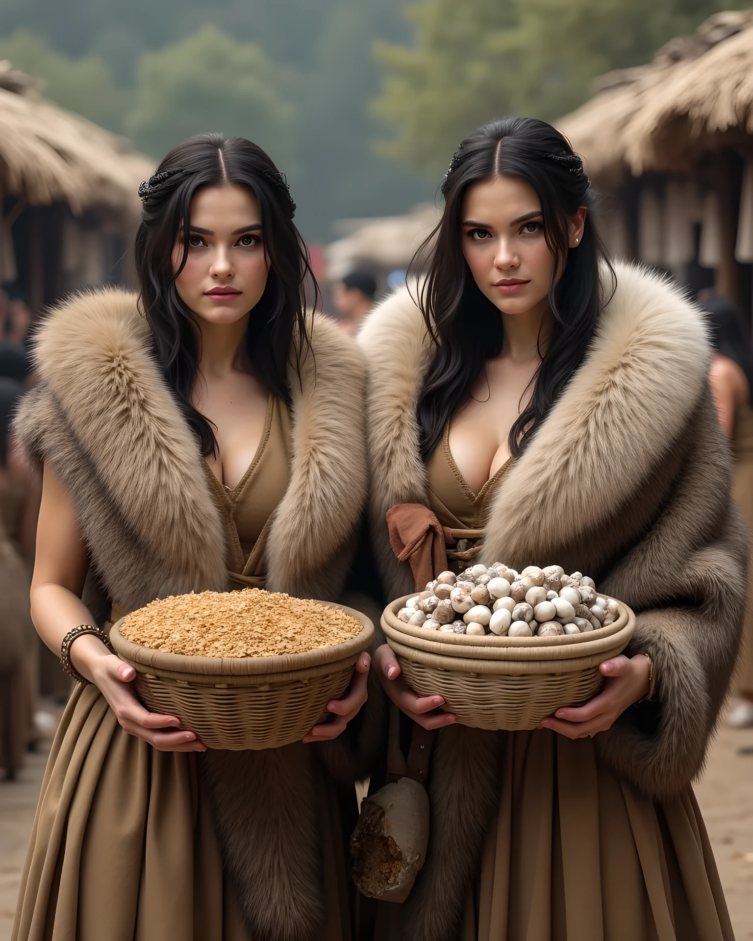 Ancient age era,(prehistoric age era:1.6), ((Realistic cinematography best cinematic angle depth intense details of realistically beautiful primitive market scenery)),,(focusing on two primitive female merchants each holding the goods in the woven baskets:one holding the basket full of wheat grains:the other holding the basket full of seashells),distinctive,(each features are depicted clearly),(realistically accurately and intricately depicting scenery),(barter),,(wearing full fur primitive nomad cloak),persian,(perfectly symmetrically precisely busty full body),(cinematic dynamically camera cinematic angle scenery:accurately depicted:1.3),the lively prehistoric cradle of historcal depicting scenery,midday,realistically full depth,autumn season,(cinematography dynamic angle|hyperrealistic:realistic scenery:3d texture over the scenery),best videography angle,hdr,masterpiece,4K,(cinematography vibe),,(dynamic image composition),(octane 3d rendering|50mm lens shot:1.3),(precise lifelike human depiction:realism),(best rule of third photography composition),(best image aperture),(full details depth of field),(best shutter speed),(RAW photo image),(photorealistic|photorealism:hyperrealism style),(realistic depth 3d:cgi:1.3),(trending on cgsociety:devianart:unreal engine 5),,(best photography:national Geographic style), stonePunkAi and sandalPunkAi artwork, digital art,best lighting concept,(realistic intricately fixed fully accurate human's anatomy body+hands+and+fingers anatomical),,inspired by farcry5 game artwork.