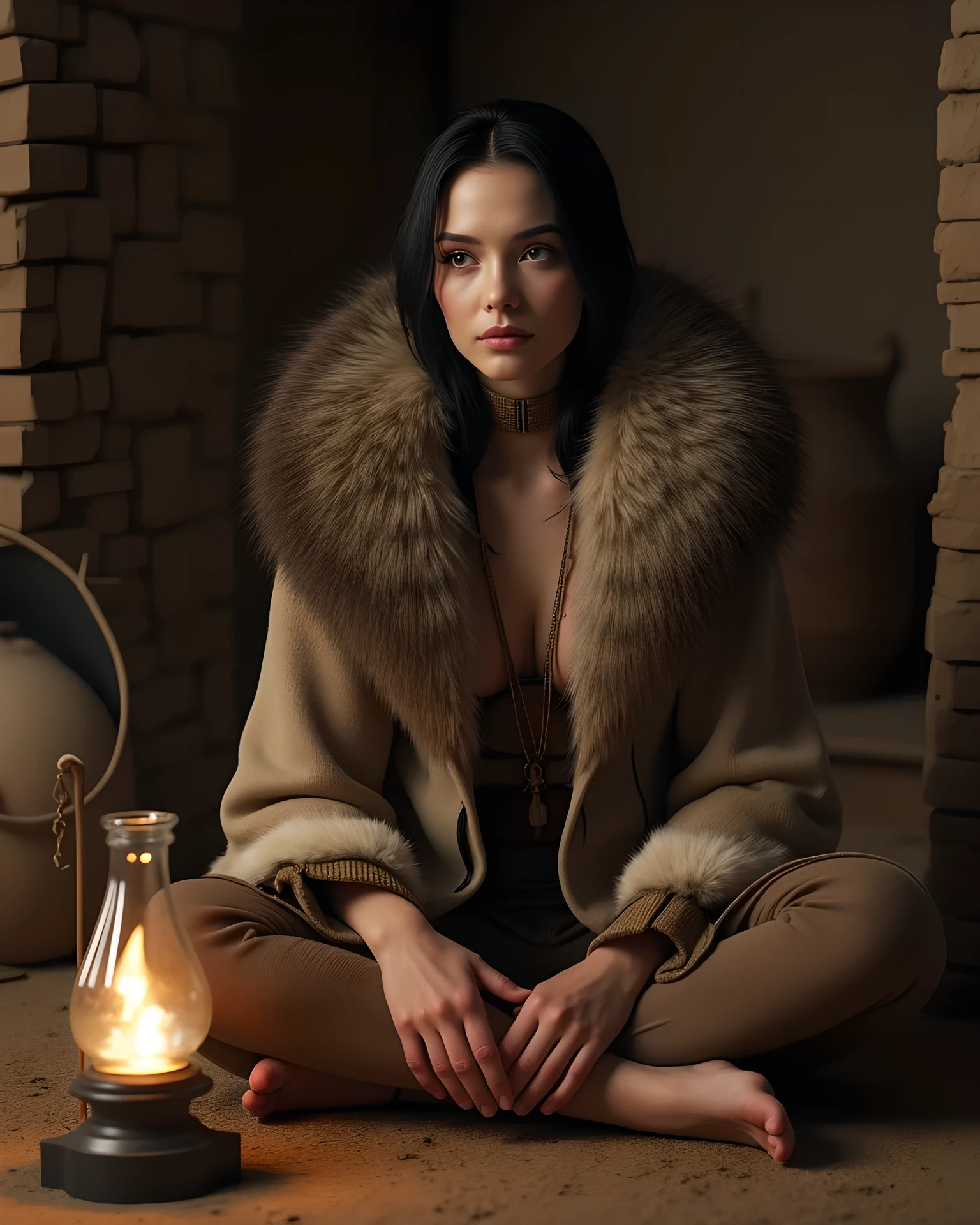 Ancient age era,(prehistoric age era:1.6), ((Realistic cinematography best cinematic angle depth intense details of realistically beautiful inside mud brick house scenery)),,(focusing on a closeup depiction:primitive boredom gesture of beauty iraq female sitting quitely),beside her there is an oil lamp,(each features are depicted clearly),(realistically accurately and intricately depicting scenery),(night),,(wearing full fur primitive nomad cloak),persian,(perfectly symmetrically precisely busty full body),(cinematic dynamically camera cinematic angle scenery:accurately depicted:1.3),the lively prehistoric cradle of historcal depicting scenery,night,realistically full depth,autumn season,(cinematography dynamic angle|hyperrealistic:realistic scenery:3d texture over the scenery),best videography angle,hdr,masterpiece,4K,(cinematography vibe),,(dynamic image composition),(octane 3d rendering|50mm lens shot:1.3),(precise lifelike human depiction:realism),(best rule of third photography composition),(best image aperture),(full details depth of field),(best shutter speed),(RAW photo image),(photorealistic|photorealism:hyperrealism style),(realistic depth 3d:cgi:1.3),(trending on cgsociety:devianart:unreal engine 5),,(best photography:national Geographic style), stonePunkAi and sandalPunkAi artwork, digital art,best lighting concept,(realistic intricately fixed fully accurate human's anatomy body+hands+and+fingers anatomical),natural motion,inspired by farcry5 game artwork,