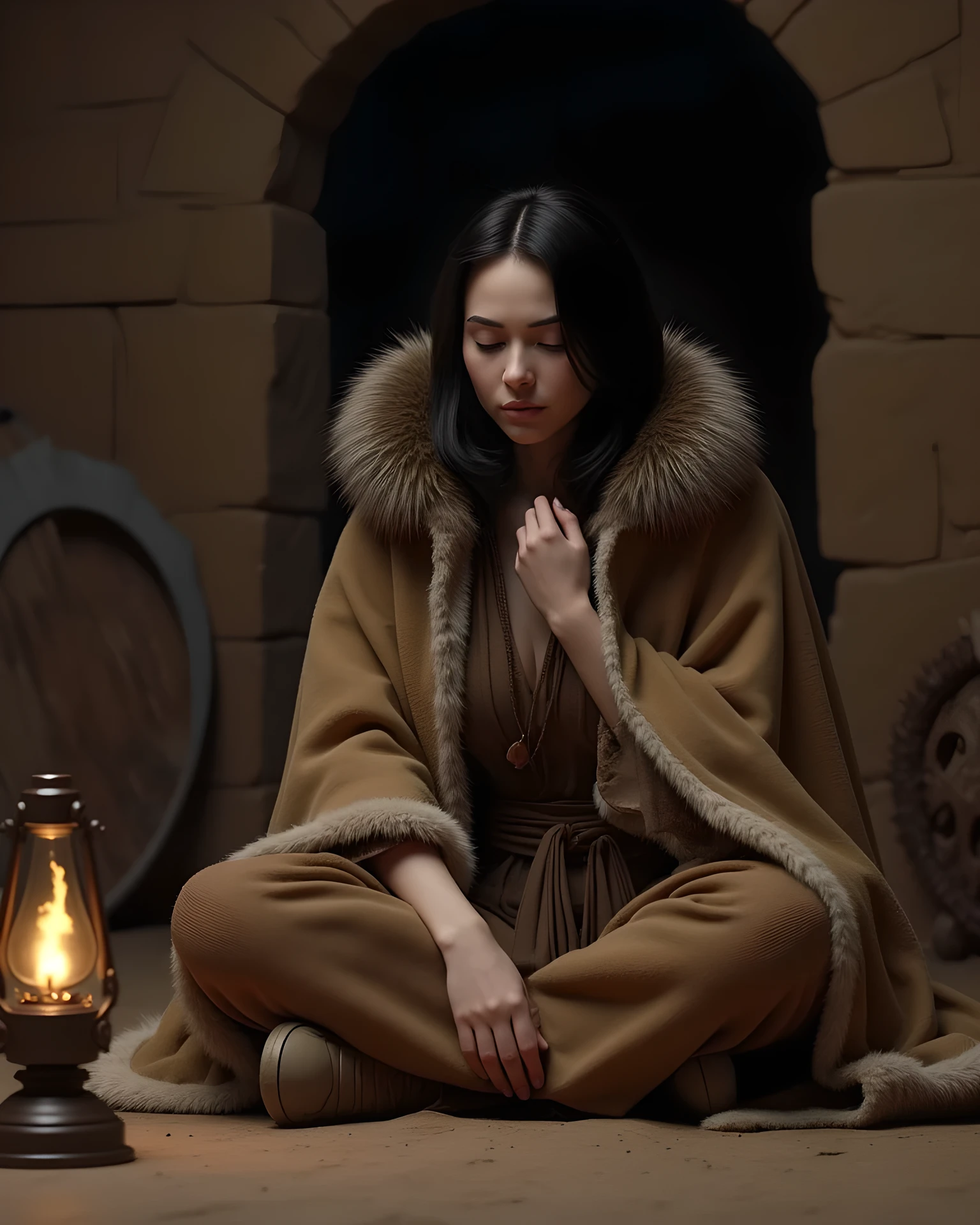 Ancient age era,(prehistoric age era:1.6), ((Realistic cinematography best cinematic angle depth intense details of realistically beautiful inside mud brick house scenery)),,(focusing on a closeup depiction:primitive boredom gesture of beauty iraq female sitting quitely),beside her there is an oil lamp,(each features are depicted clearly),(realistically accurately and intricately depicting scenery),(night),,(wearing full fur primitive nomad cloak),persian,(perfectly symmetrically precisely busty full body),(cinematic dynamically camera cinematic angle scenery:accurately depicted:1.3),the lively prehistoric cradle of historcal depicting scenery,night,realistically full depth,autumn season,(cinematography dynamic angle|hyperrealistic:realistic scenery:3d texture over the scenery),best videography angle,hdr,masterpiece,4K,(cinematography vibe),,(dynamic image composition),(octane 3d rendering|50mm lens shot:1.3),(precise lifelike human depiction:realism),(best rule of third photography composition),(best image aperture),(full details depth of field),(best shutter speed),(RAW photo image),(photorealistic|photorealism:hyperrealism style),(realistic depth 3d:cgi:1.3),(trending on cgsociety:devianart:unreal engine 5),,(best photography:national Geographic style), stonePunkAi and sandalPunkAi artwork, digital art,best lighting concept,(realistic intricately fixed fully accurate human's anatomy body+hands+and+fingers anatomical),natural motion,inspired by farcry5 game artwork,