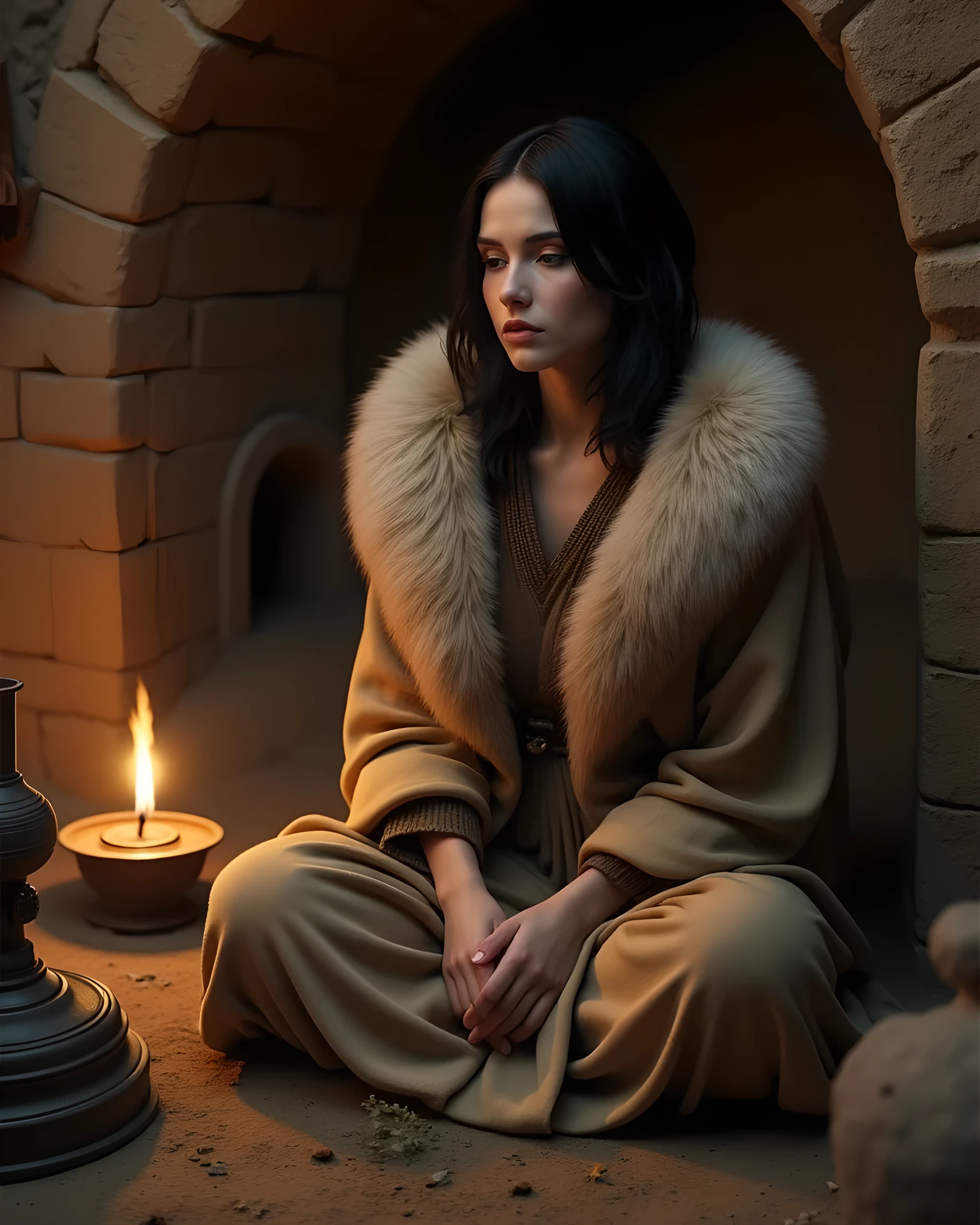 Ancient age era,(prehistoric age era:1.6), ((Realistic cinematography best cinematic angle depth intense details of realistically beautiful inside mud brick house scenery)),,(focusing on a closeup depiction:primitive boredom gesture of beauty iraq female sitting quitely),beside her there is an oil lamp,(each features are depicted clearly),(realistically accurately and intricately depicting scenery),(night),,(wearing full fur primitive nomad cloak),persian,(perfectly symmetrically precisely busty full body),(cinematic dynamically camera cinematic angle scenery:accurately depicted:1.3),the lively prehistoric cradle of historcal depicting scenery,night,realistically full depth,autumn season,(cinematography dynamic angle|hyperrealistic:realistic scenery:3d texture over the scenery),best videography angle,hdr,masterpiece,4K,(cinematography vibe),,(dynamic image composition),(octane 3d rendering|50mm lens shot:1.3),(precise lifelike human depiction:realism),(best rule of third photography composition),(best image aperture),(full details depth of field),(best shutter speed),(RAW photo image),(photorealistic|photorealism:hyperrealism style),(realistic depth 3d:cgi:1.3),(trending on cgsociety:devianart:unreal engine 5),,(best photography:national Geographic style), stonePunkAi and sandalPunkAi artwork, digital art,best lighting concept,(realistic intricately fixed fully accurate human's anatomy body+hands+and+fingers anatomical),natural motion,inspired by farcry5 game artwork,