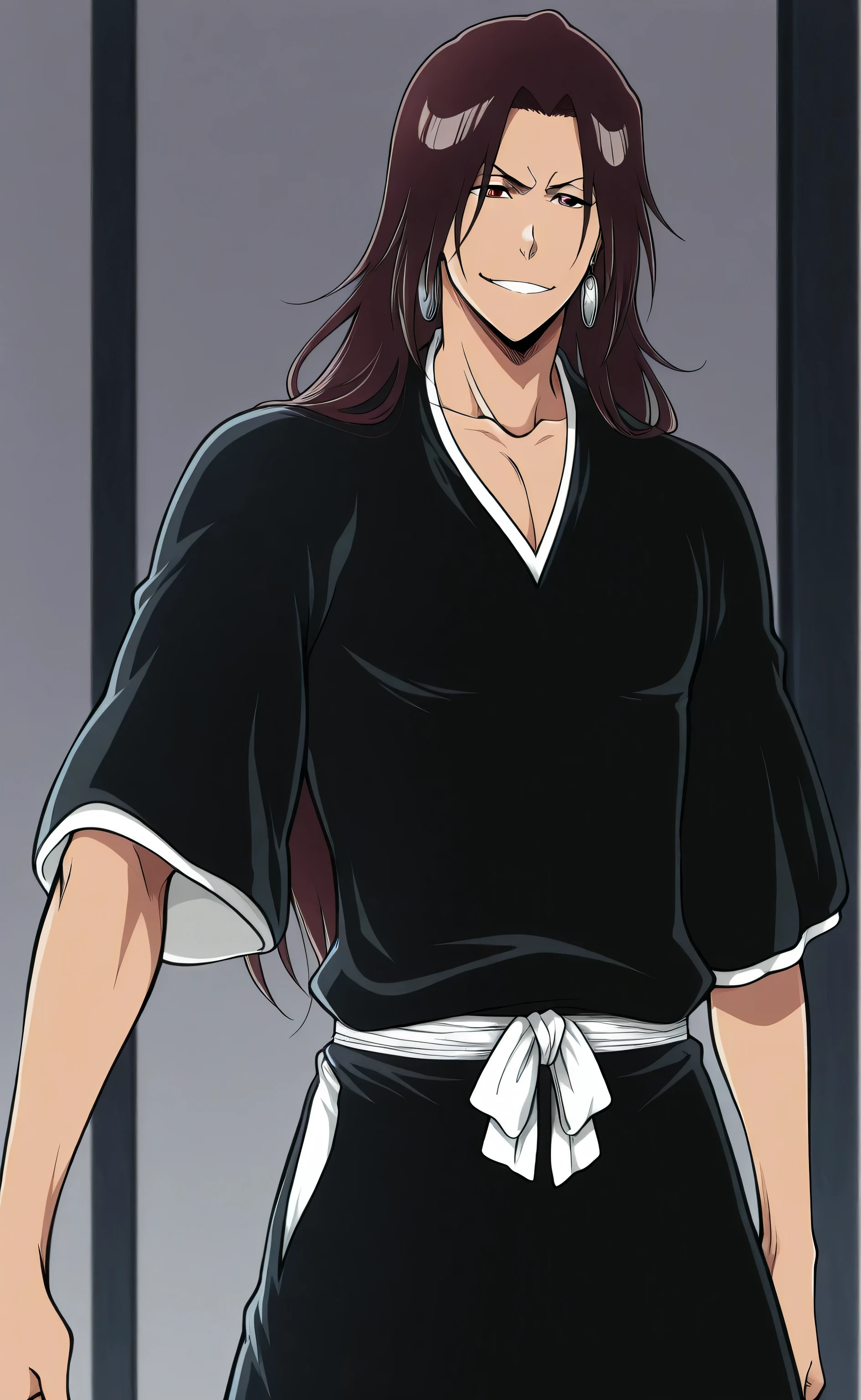 1male, solo, Hao Asakura, long hair, dark brown hair, red eyes, earring, cool face, smile, lazy, bleach shinigami clothes, muscle, sereitei, male focus, Bleach Anime Style