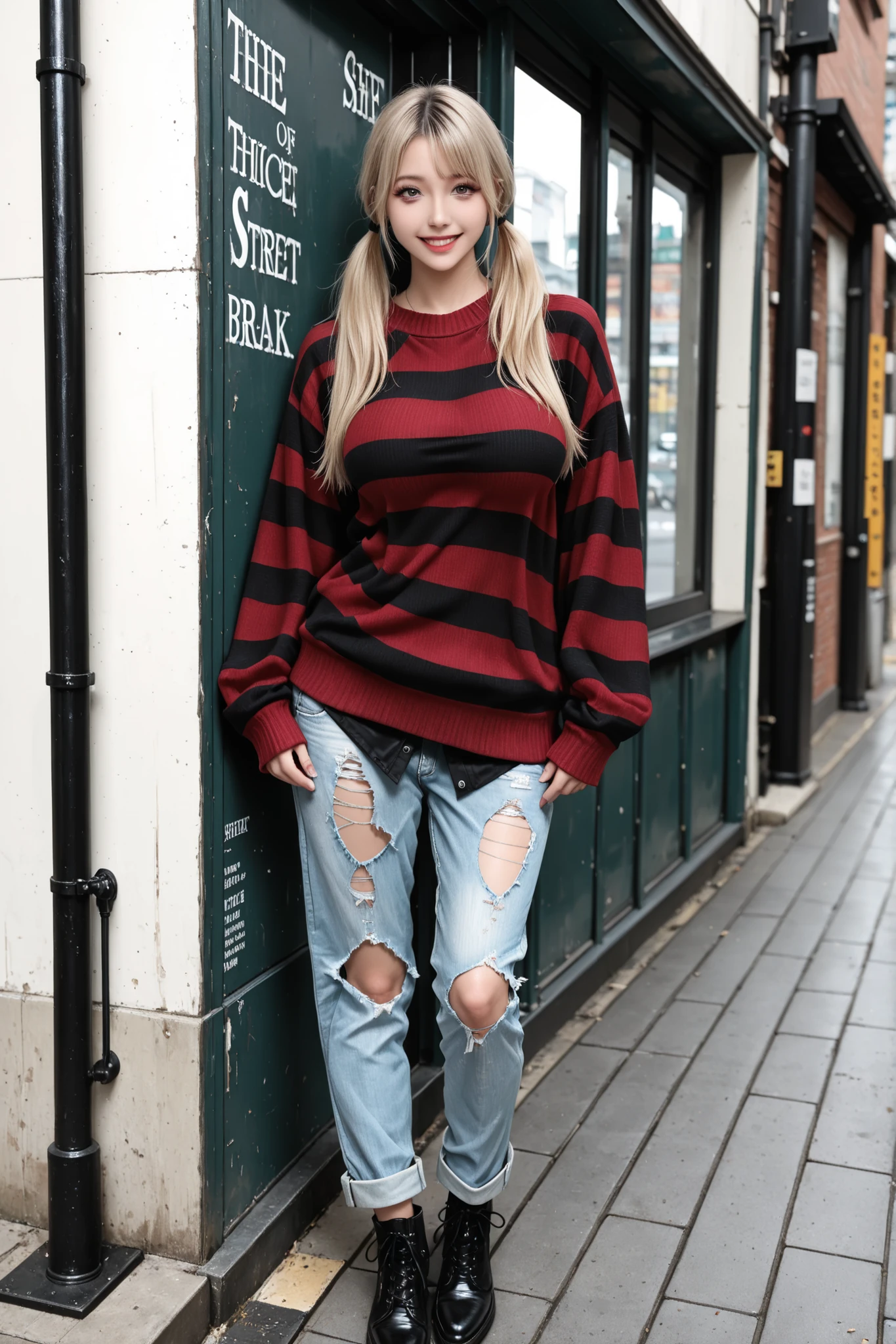 (masterpiece, best quality, ultra high resolution, 8K, 16K, extremely detailed, intricate details, photorealistic, professional photography, RAW photo, realistic lighting, HDR, depth of field, hyper-detailed skin texture, soft natural light), BREAK,solo,1girl, 
A beautiful young Japanese woman with blonde twin-tails hair.  
She has captivating eyes, long eyelashes, and refined facial features, with a radiant, charming smile.  
Her outfit is inspired by Kurt Cobain from Nirvana, embracing a grunge street fashion style.  
She is wearing an oversized red sweater with ((thick) black stripes:1.5),(two tone),(untucked sweater:1.5), stylishly torn in several places, paired with light blue  distressed skinny jeans ripped in multiple areas.  
The look is completed with a casual, effortlessly cool vibe reminiscent of 90s grunge fashion.  
She is standing confidently in the middle of an urban street background, captured like a professional high-resolution fashion street snap. BREAK,full body,large ,