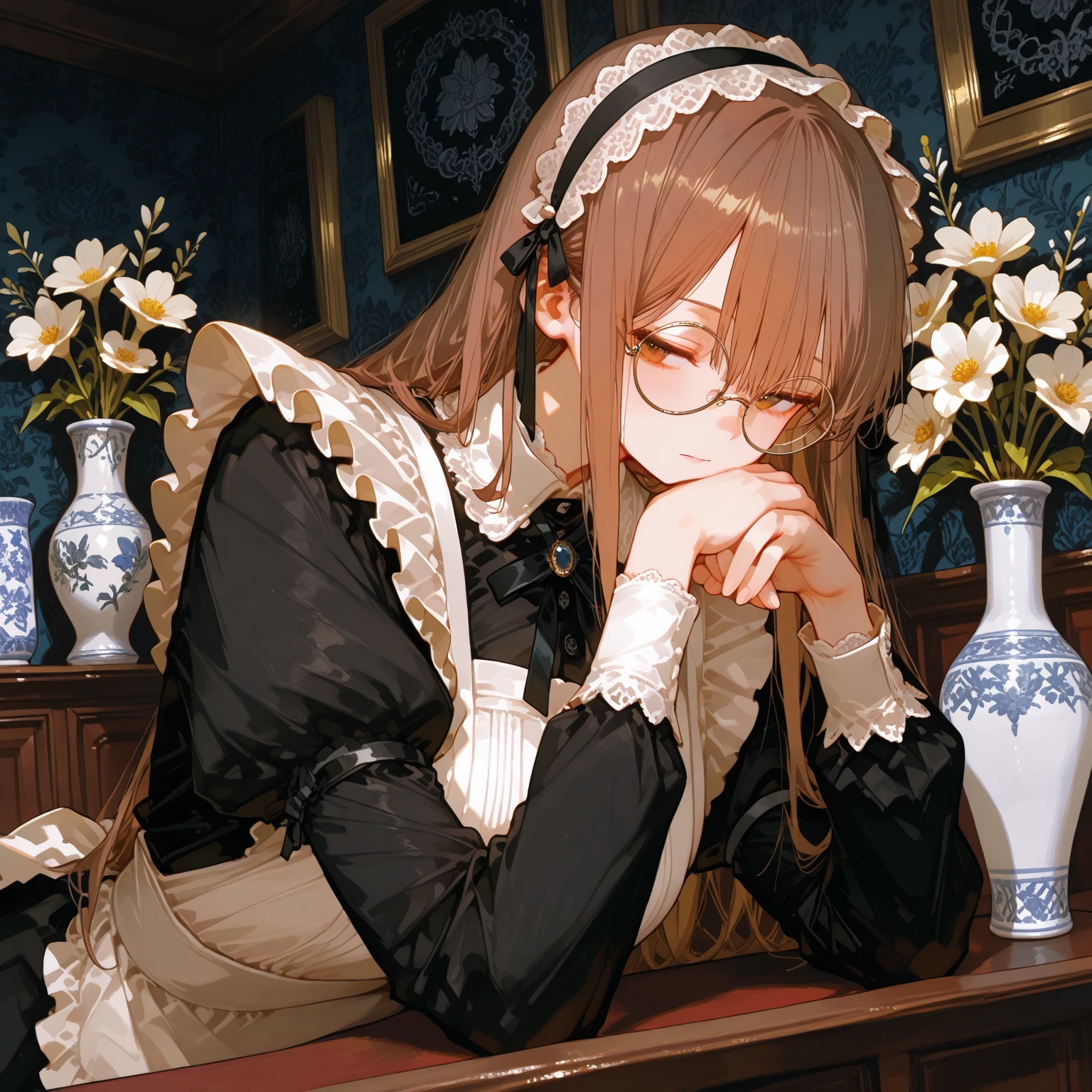 1girl, animal ears, flower, solo, twintails, long hair, cat ears, looking at viewer, long sleeves, dress, smile, purple eyes, window, indoors, animal ear fluff, sitting, bow, sunflower, shirt, white shirt, pinafore dress, black dress, bangs, hair bow, ribbon, blush, plant, potted plant, collared shirt, white pantyhose, very long hair, yellow flower, blonde hair, black bow, closed mouth, vase, hand between legs, curtains, between legs, socks, cat girl, hair ribbon, puffy long sleeves, puffy sleeves kahuka1