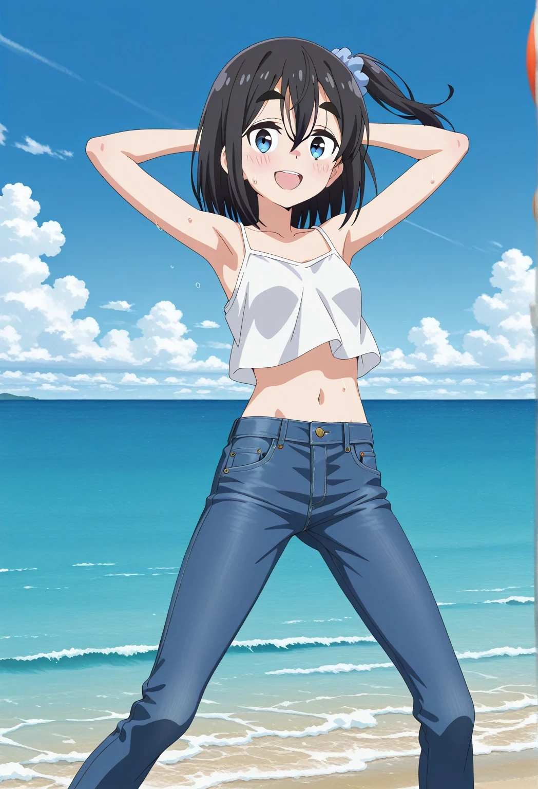 score_9, score_8_up, score_7_up, source_anime, highres, hi res, ((best quality, top quality, perfect quality, Highest Quality, amazing quality)), {{masterpiece}}, {{an extremely delicate and beautiful}}, 2d, intricate details, official style, anime, 8k, anime style, official_anime, official art, digital painting, cell shading, soft shading, high resolution, soothing tones, Subdued Color, Soft cinematic light, adobe lightroom, photolab, HDR, intricately and hyper-detailed, ((high quality animation)), 1 girl, Alone, solo, ((ocean)), tsunami, on the water, day, sunny, outdoors, sky, windy, satsuki amamiya, short hair, blue eyes, black hair, hair ornament, one side up, thick eyebrows, scrunchie, hair scrunchie, blue scrunchie, anime screencap, small breasts, white camisole top, crop top, white crop top, best quality, hyper-detailed jeans, ((blue jeans:1.9)), (dark blue jeans:0.6), full medium body, medium shot, Open mouth, smiling, happy face, blush, sweat, standing, ((arms behind head:6.0)), bowlegged, jumping pose, action, looking at viewer, spread legs, Bend knees slightly, straight-on front view