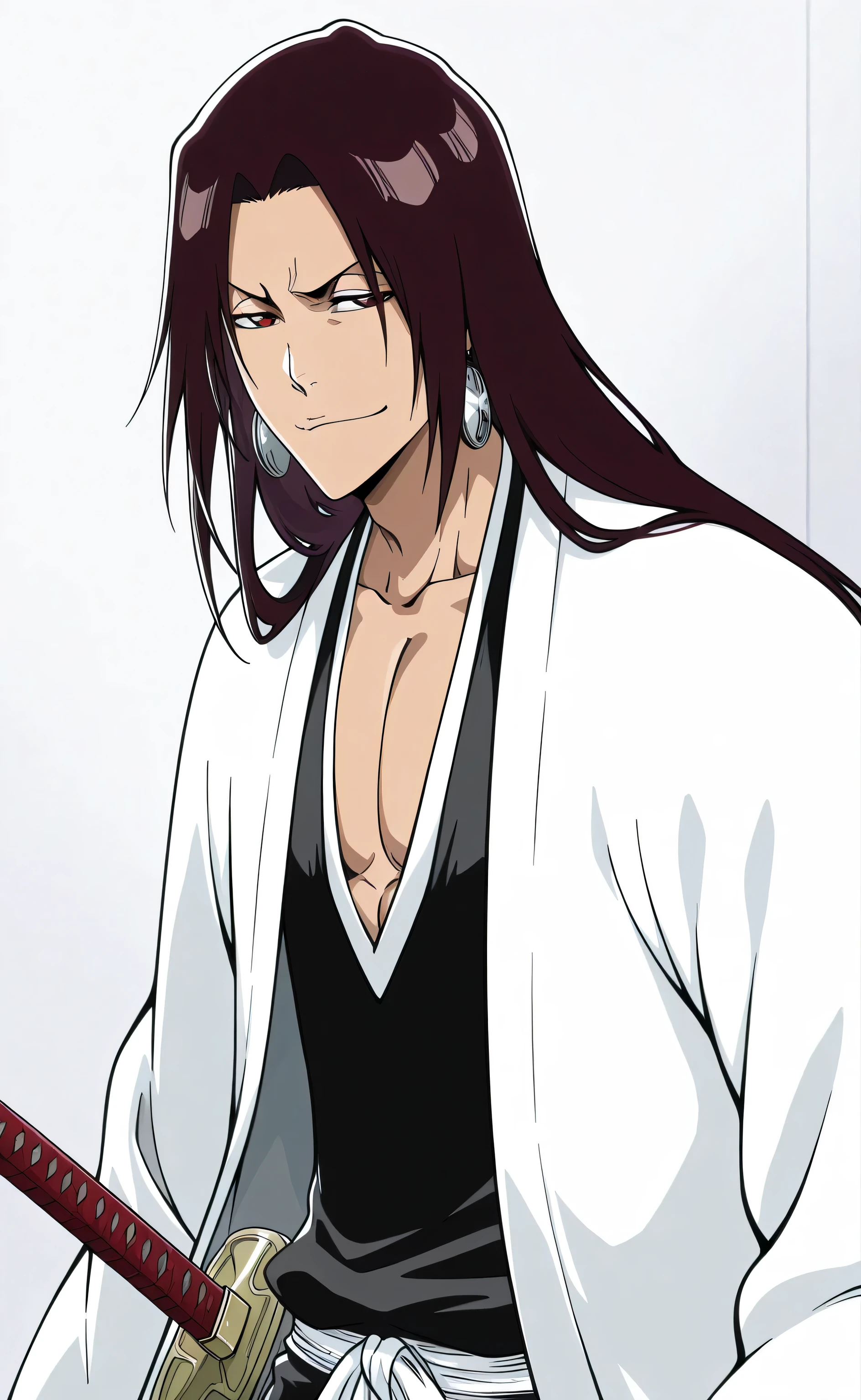 1male, solo, Hao Asakura, long hair, dark brown hair, red eyes, earring, cool face, smug-smile, closed mouth, lazy, Taichou Haori Bleach, muscle, katana, white wall, male focus, Bleach Anime Style