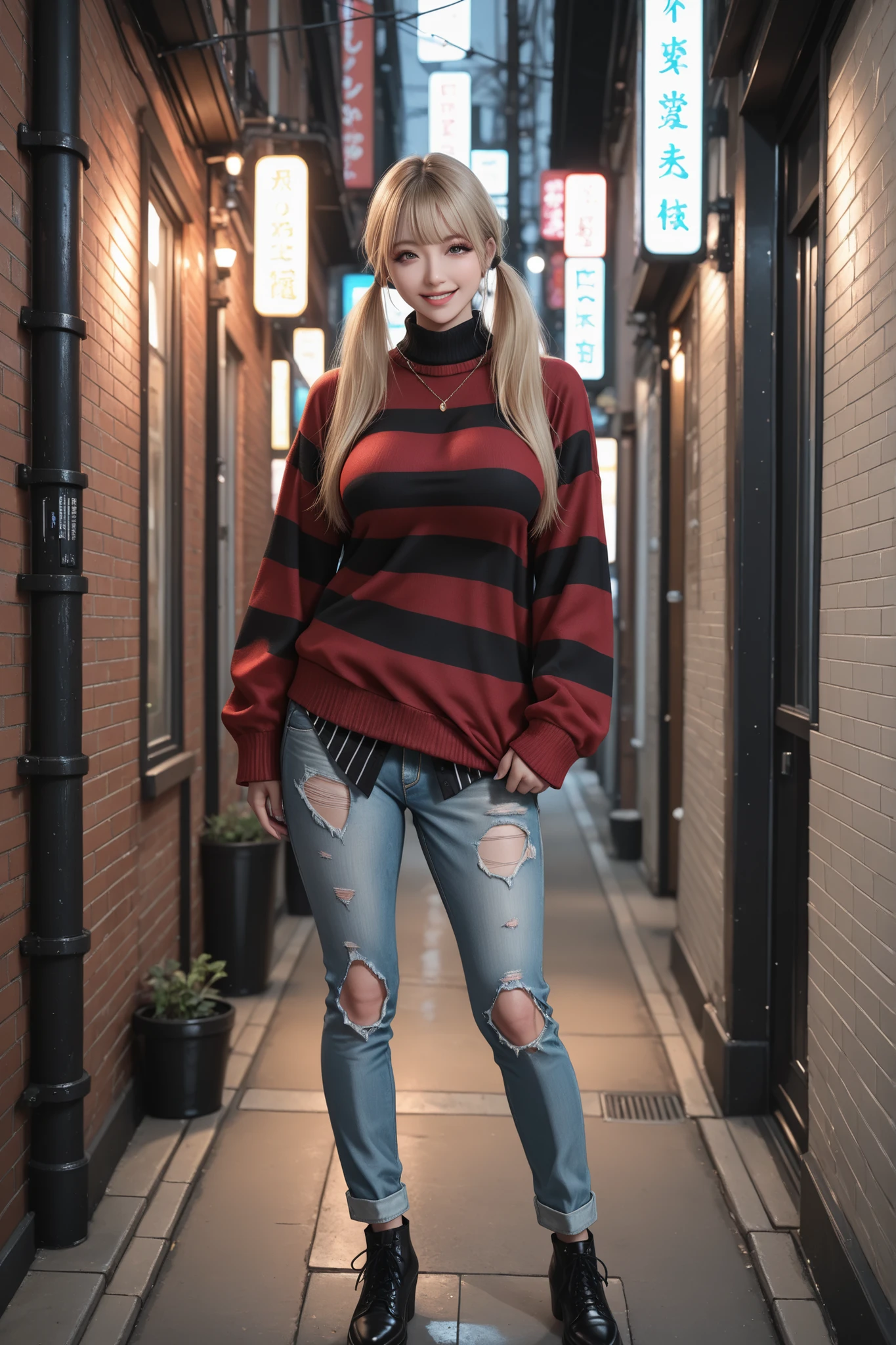 (masterpiece, best quality, ultra high resolution, 8K, 16K, extremely detailed, intricate details, photorealistic, professional photography, RAW photo, realistic lighting, HDR, depth of field, hyper-detailed skin texture, soft natural light), BREAK,solo,1girl, 
A beautiful young Japanese woman with blonde twin-tails hair.  
She has captivating eyes, long eyelashes, and refined facial features, with a radiant, charming smile.  
Her outfit is inspired by Kurt Cobain from Nirvana, embracing a grunge street fashion style.  
She is wearing an oversized red sweater with ((thick) black stripes:1.5),(two tone),(untucked sweater:1.5), stylishly torn in several places, paired with light blue  distressed jeans ripped in multiple areas.  
The look is completed with a casual, effortlessly cool vibe reminiscent of 90s grunge fashion.  
She is standing confidently in the middle of an urban street background, captured like a professional high-resolution fashion street snap. BREAK,full body,large ,