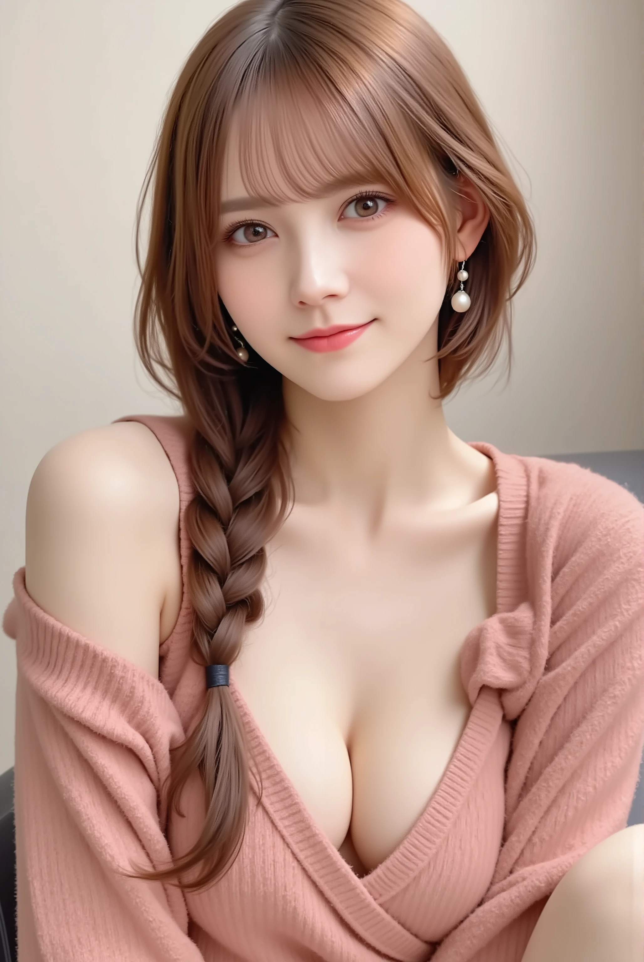 upper face shot, outfit clearly visible,
showing neckline, shoulders,
sharp focus on clothes and hairstyle
Hasuma_Kanae(Tsumamigui),1girl,solo, brown hair in braided hairstyle, cleavage emphasized, mature charm,