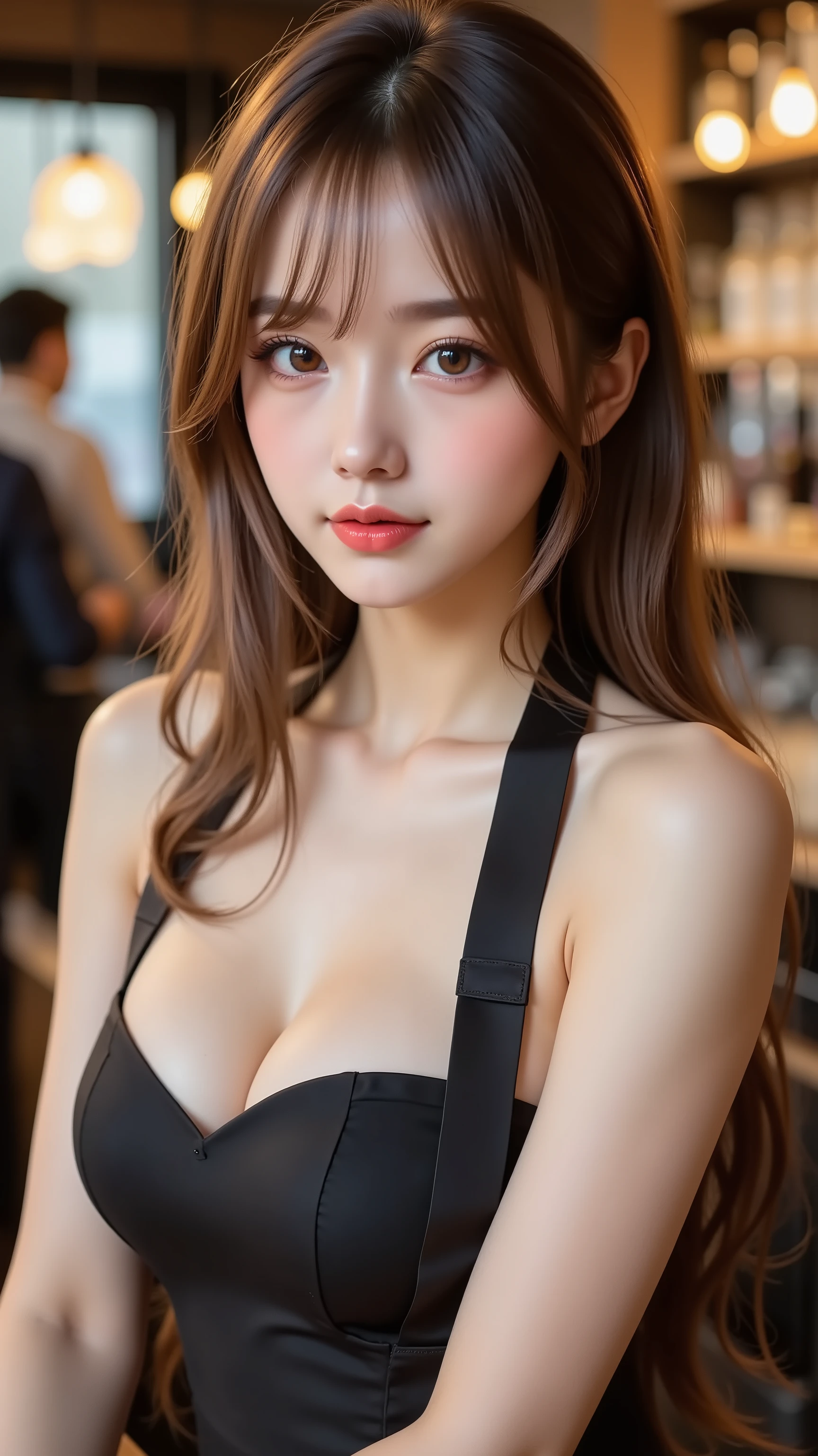 ((sexy actress bartender)), (Baby-faced beautiful girl:1.5, Transcendental young model face:1.3), (Formal Wear), A slender silhouette, nice counter bar, Original cocktails, perfect anatomy, ((( nice butt)))