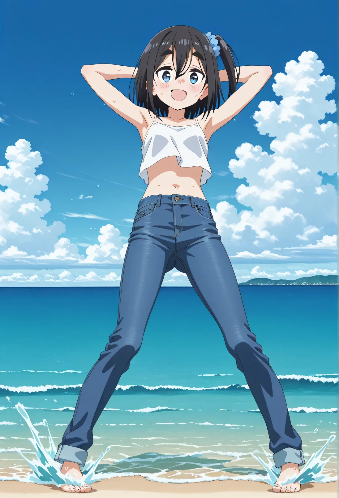 score_9, score_8_up, score_7_up, source_anime, highres, hi res, ((best quality, top quality, perfect quality, Highest Quality, amazing quality)), {{masterpiece}}, {{an extremely delicate and beautiful}}, 2d, intricate details, official style, anime, 8k, anime style, official_anime, official art, digital painting, cell shading, soft shading, high resolution, soothing tones, Subdued Color, Soft cinematic light, adobe lightroom, photolab, HDR, intricately and hyper-detailed, ((high quality animation)), 1 girl, Alone, solo, ((ocean)), tsunami, on the water, day, sunny, outdoors, sky, windy, satsuki amamiya, short hair, blue eyes, black hair, hair ornament, one side up, thick eyebrows, scrunchie, hair scrunchie, blue scrunchie, anime screencap, small breasts, white camisole top, crop top, white crop top, best quality, hyper-detailed jeans, ((blue jeans:1.9)), (dark blue jeans:0.6), full medium body, medium shot, Open mouth, smiling, happy face, blush, sweat, standing, ((arms behind head:6.0)), bowlegged, jumping pose, action, looking at viewer, spread legs, Bend knees slightly, straight-on front view