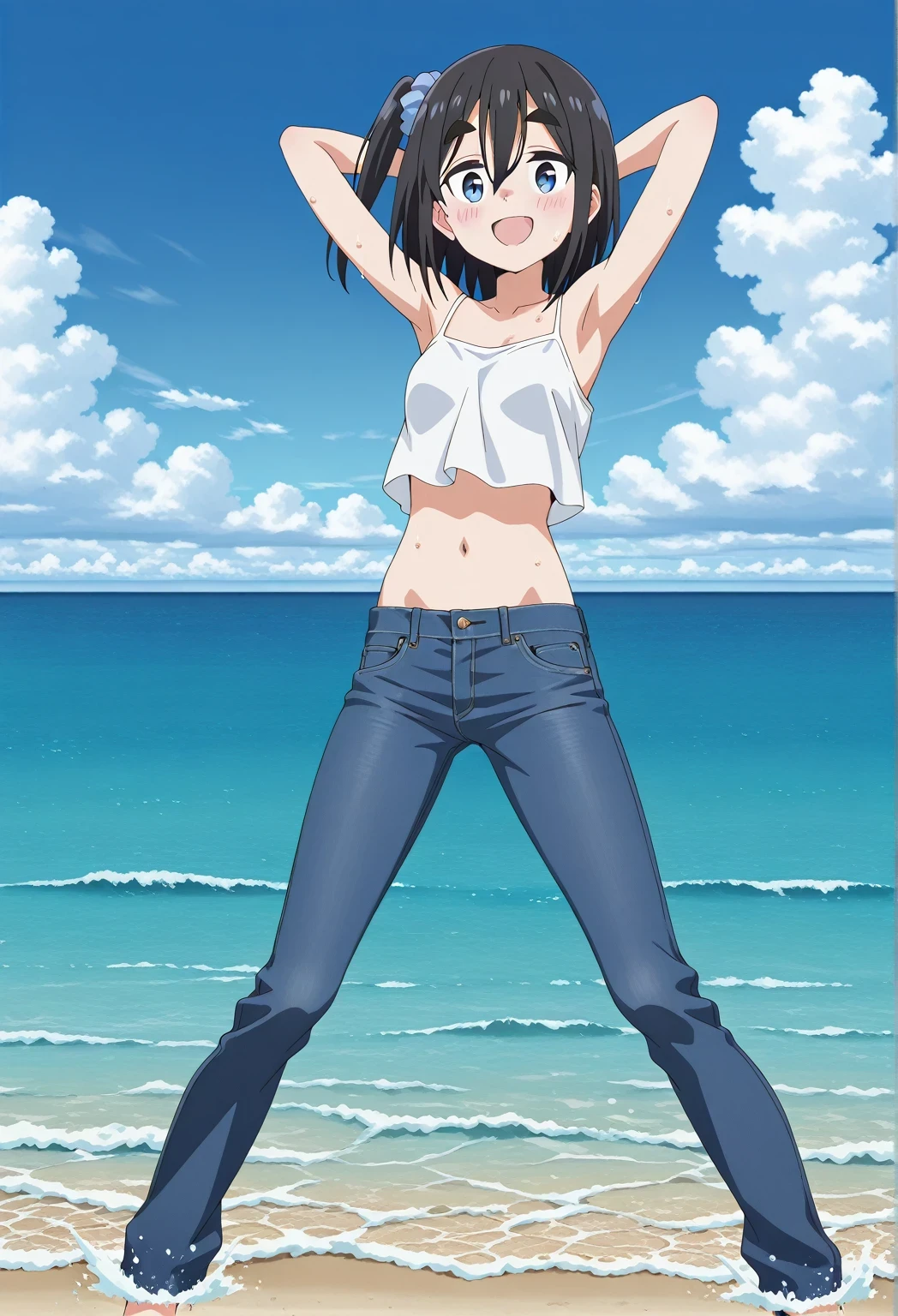 score_9, score_8_up, score_7_up, source_anime, highres, hi res, ((best quality, top quality, perfect quality, Highest Quality, amazing quality)), {{masterpiece}}, {{an extremely delicate and beautiful}}, 2d, intricate details, official style, anime, 8k, anime style, official_anime, official art, digital painting, cell shading, soft shading, high resolution, soothing tones, Subdued Color, Soft cinematic light, adobe lightroom, photolab, HDR, intricately and hyper-detailed, ((high quality animation)), 1 girl, Alone, solo, ((ocean)), tsunami, on the water, day, sunny, outdoors, sky, windy, satsuki amamiya, short hair, blue eyes, black hair, hair ornament, one side up, thick eyebrows, scrunchie, hair scrunchie, blue scrunchie, anime screencap, small breasts, white camisole top, crop top, white crop top, best quality, hyper-detailed jeans, ((blue jeans:1.9)), (dark blue jeans:0.6), full medium body, medium shot, Open mouth, smiling, happy face, blush, sweat, standing, ((arms behind head:6.0)), bowlegged, jumping pose, action, looking at viewer, spread legs, Bend knees slightly, straight-on front view