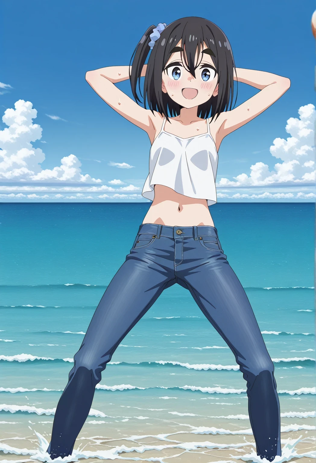 score_9, score_8_up, score_7_up, source_anime, highres, hi res, ((best quality, top quality, perfect quality, Highest Quality, amazing quality)), {{masterpiece}}, {{an extremely delicate and beautiful}}, 2d, intricate details, official style, anime, 8k, anime style, official_anime, official art, digital painting, cell shading, soft shading, high resolution, soothing tones, Subdued Color, Soft cinematic light, adobe lightroom, photolab, HDR, intricately and hyper-detailed, ((high quality animation)), 1 girl, Alone, solo, ((ocean)), tsunami, on the water, day, sunny, outdoors, sky, windy, satsuki amamiya, short hair, blue eyes, black hair, hair ornament, one side up, thick eyebrows, scrunchie, hair scrunchie, blue scrunchie, anime screencap, small breasts, white camisole top, crop top, white crop top, best quality, hyper-detailed jeans, ((blue jeans:1.9)), (dark blue jeans:0.6), full medium body, medium shot, Open mouth, smiling, happy face, blush, sweat, standing, ((arms behind head:6.0)), bowlegged, jumping pose, action, looking at viewer, spread legs, Bend knees slightly, straight-on front view